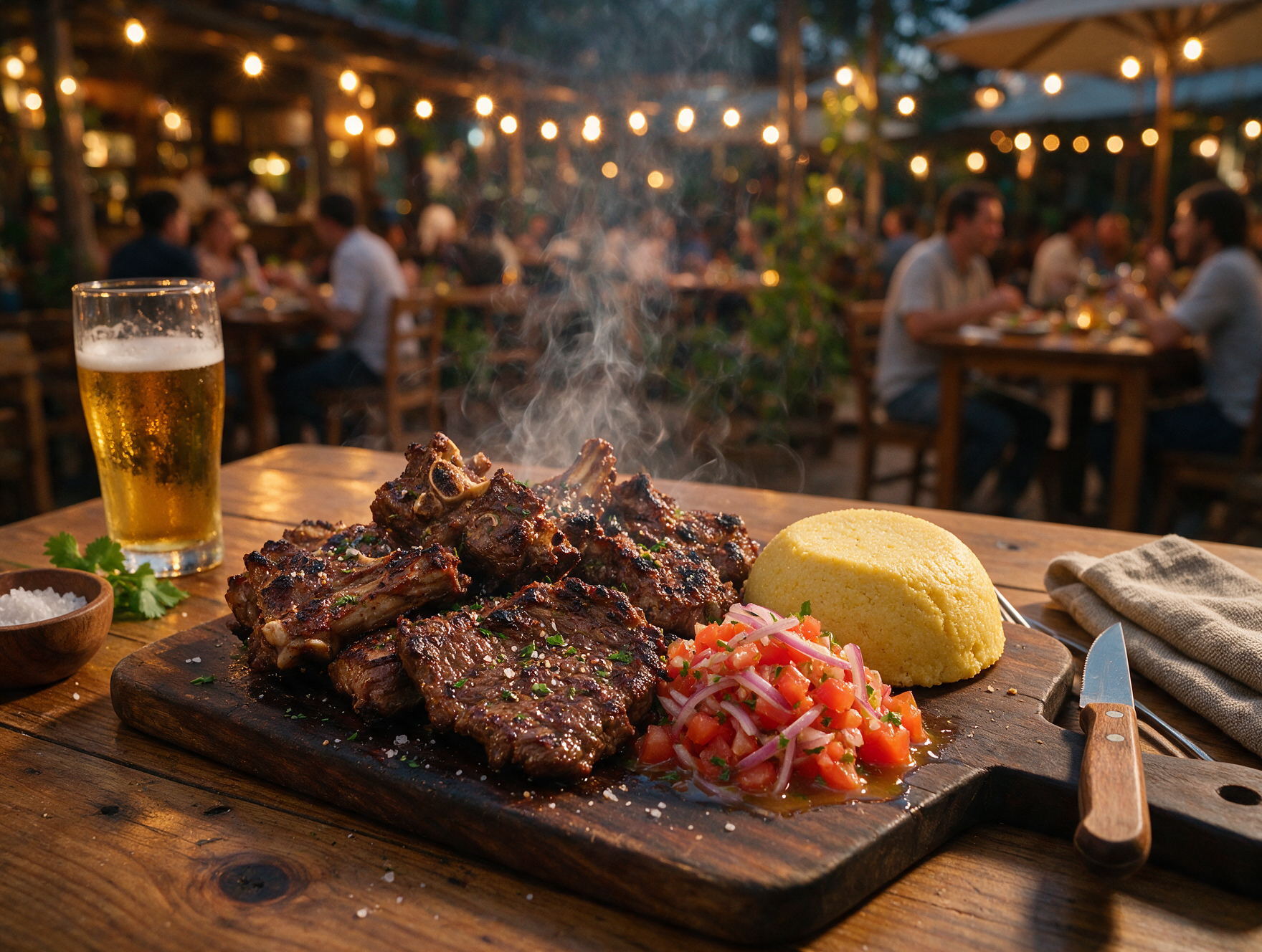Grilled nyama choma platter with kachumbari and ugali at a Nairobi restaurant