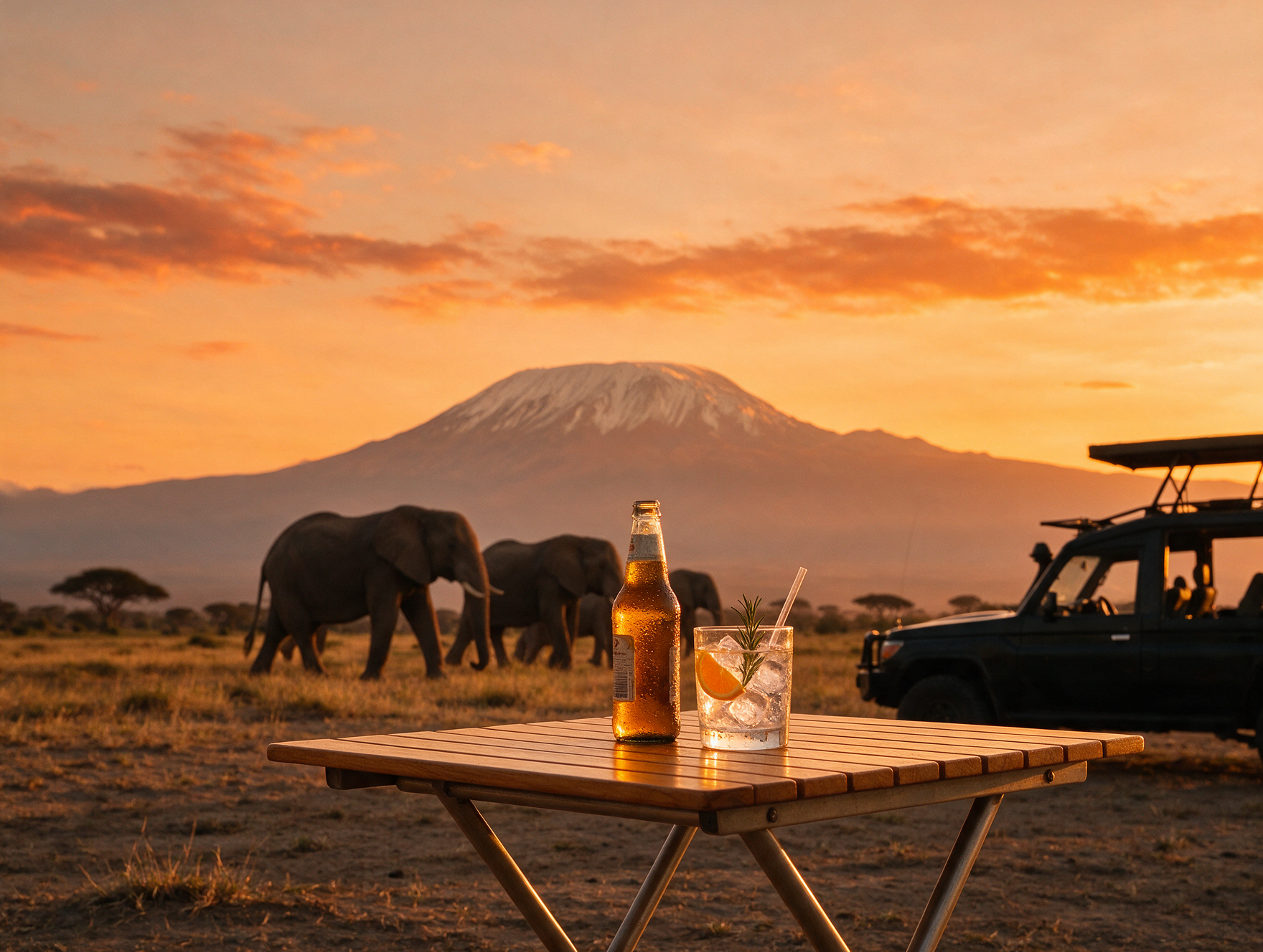 Sundowner drinks set up in Amboseli with Mount Kilimanjaro visible at golden hour