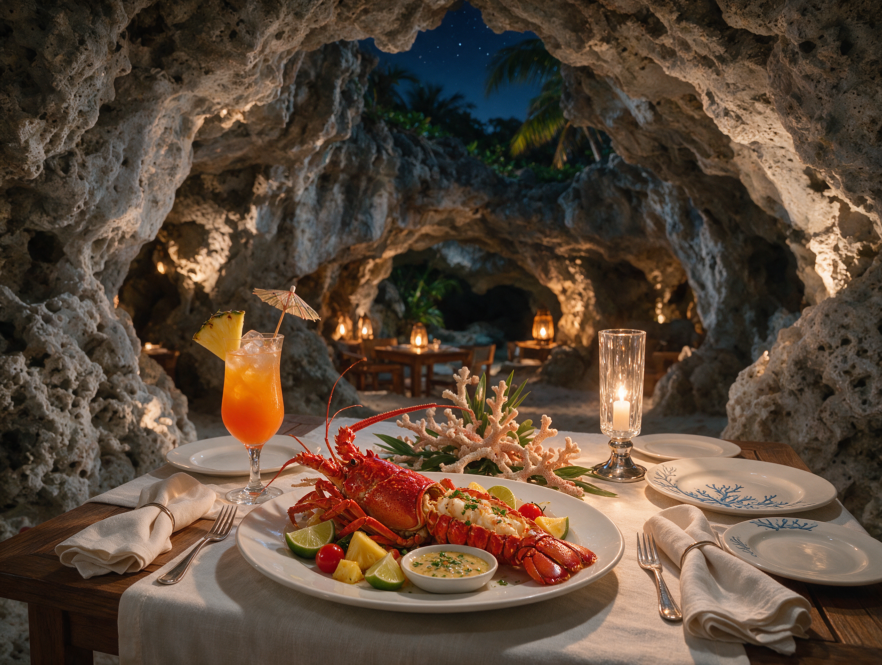 Candlelit seafood dinner inside a coral cave restaurant in Diani Beach