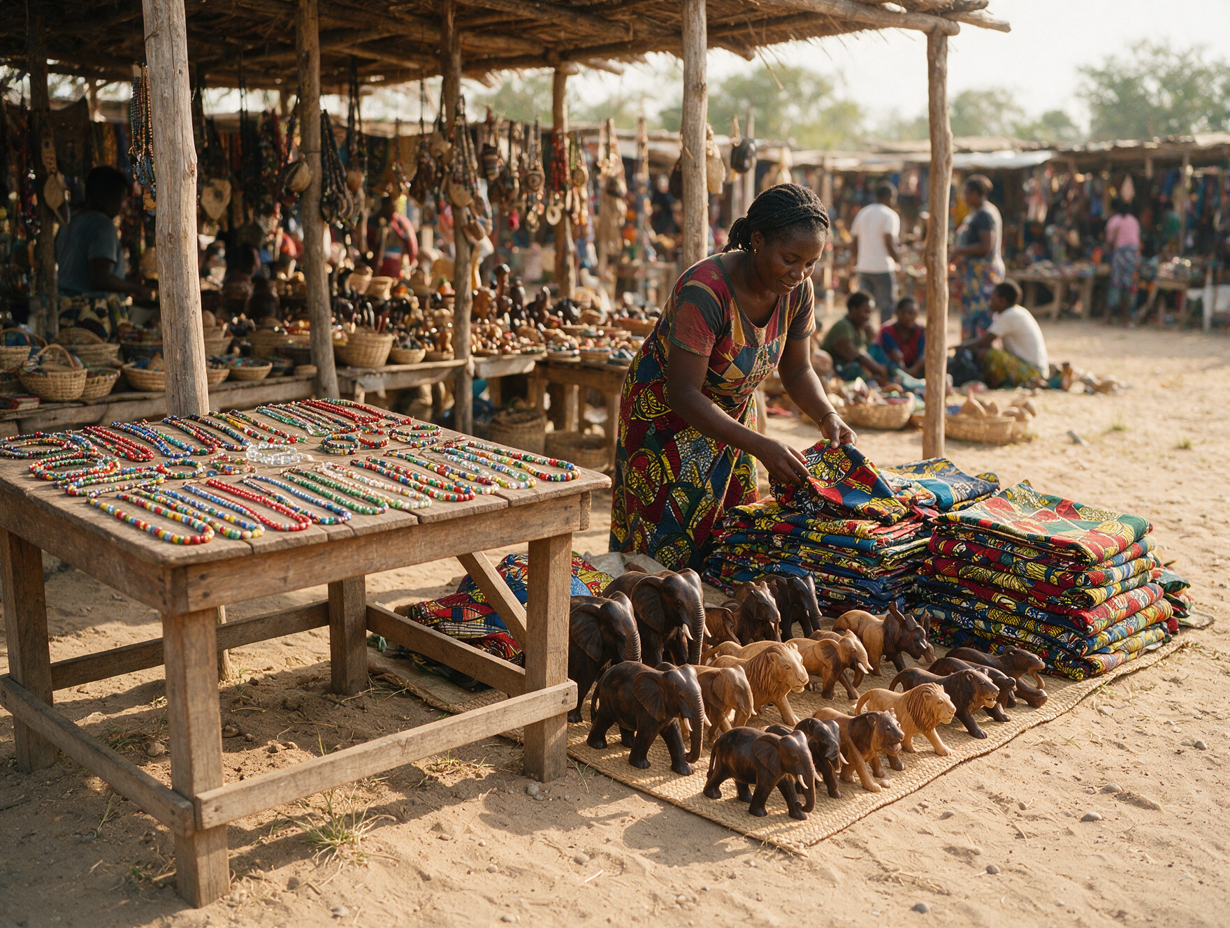 Beaded jewelry and wood carvings for sale at Maasai Market in Nairobi, Kenya