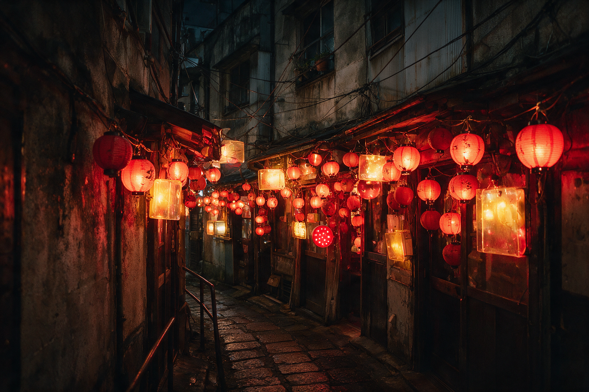 Narrow alley in Golden Gai Shinjuku at night lined with tiny bar fronts and glowing red paper lanterns