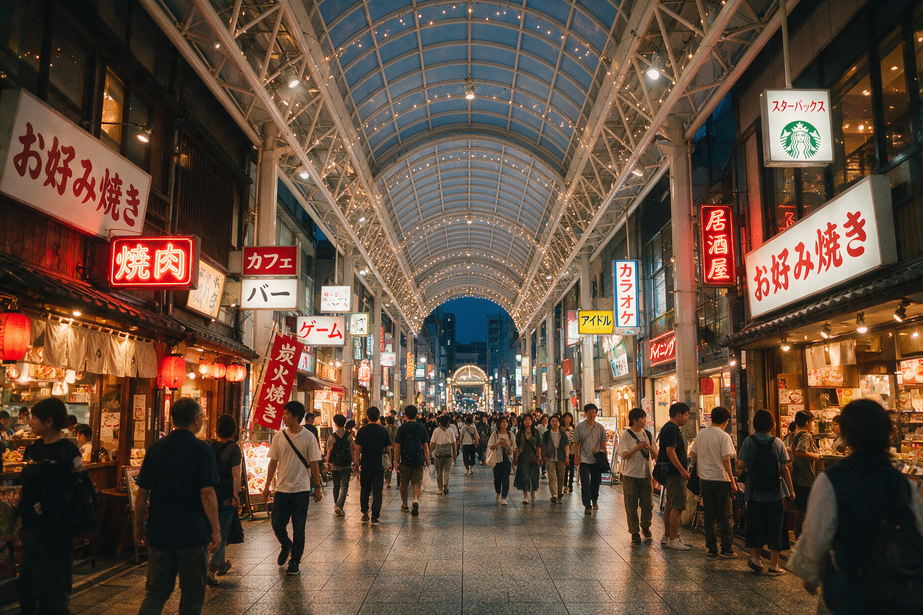 Covered Hondori shopping arcade in Hiroshima with glowing shop signs and people strolling in the evening