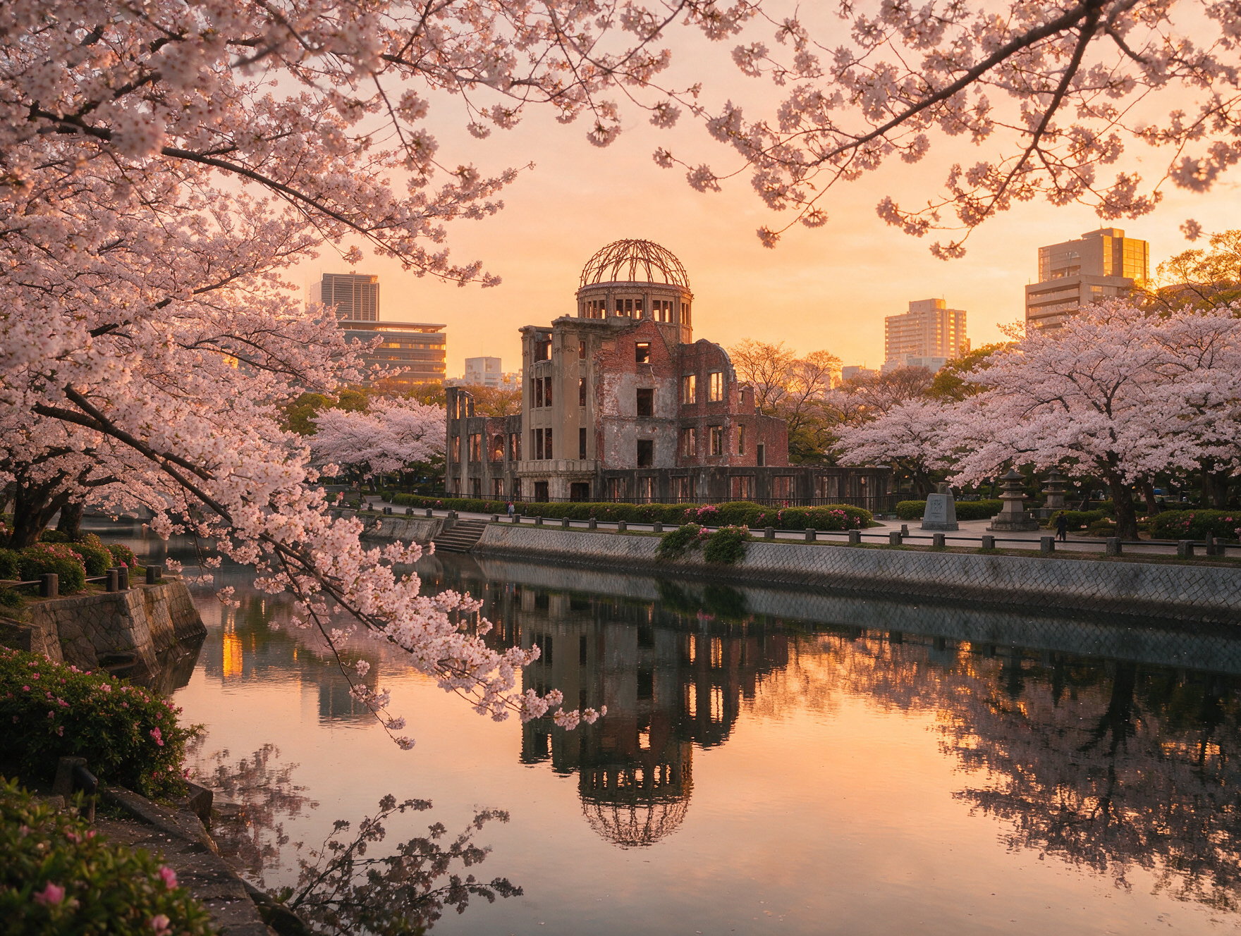 The Atomic Bomb Dome across the Motoyasu River in Hiroshima Peace Memorial Park, free to visit year-round