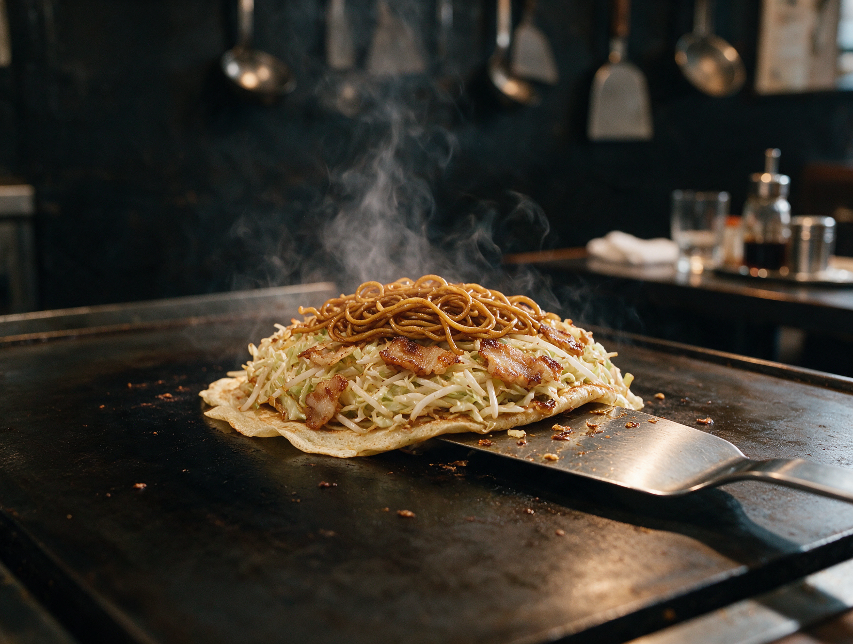 Hiroshima-style okonomiyaki being layered with cabbage, pork belly and yakisoba noodles on an iron teppan griddle