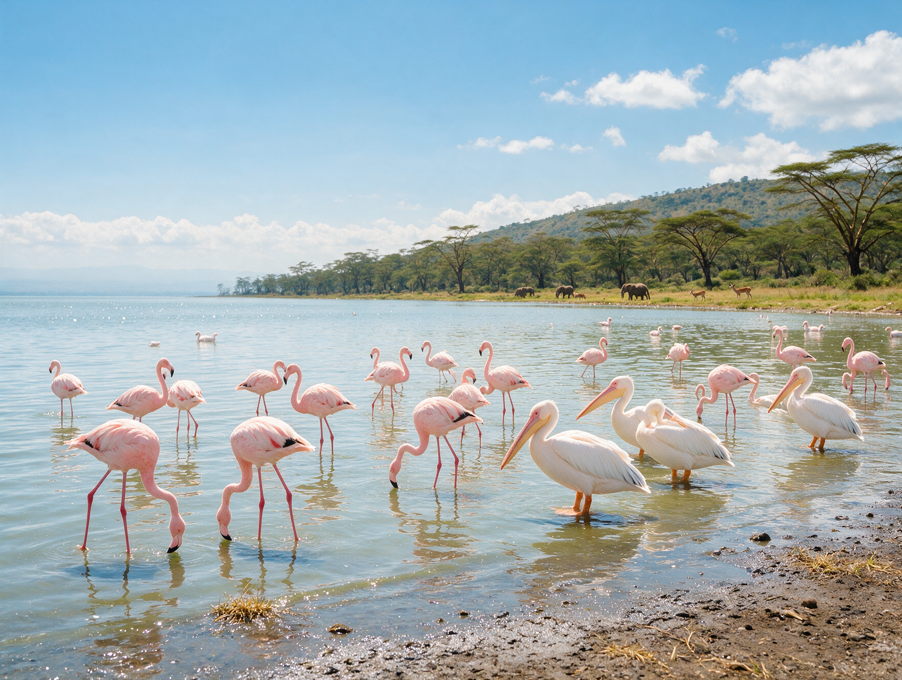Flamingos along the shoreline of Lake Nakuru National Park, a stop on the Kenya 7 nights 8 days itinerary.