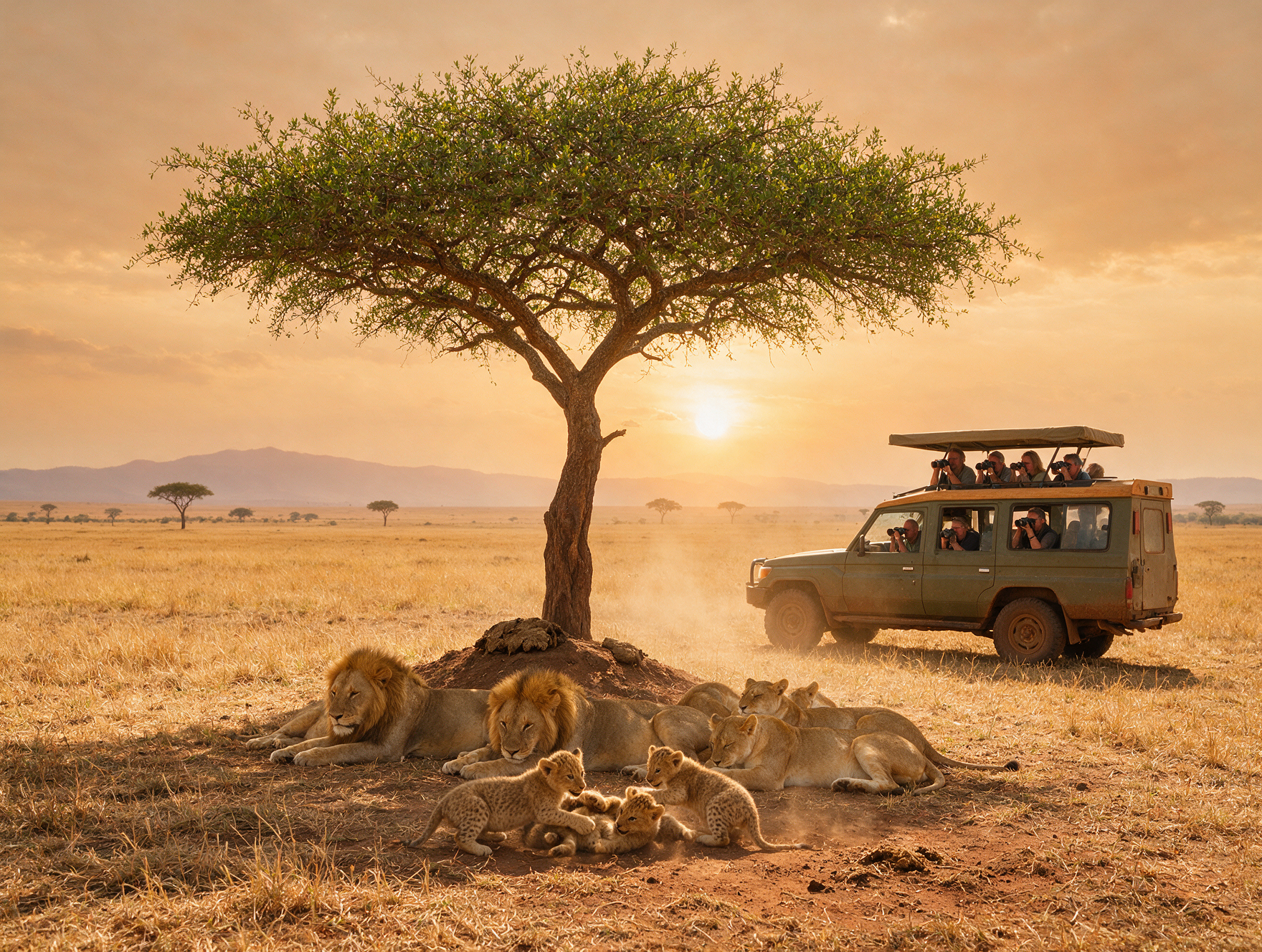 Safari vehicle observing a pride of lions during an afternoon game drive in the Maasai Mara.