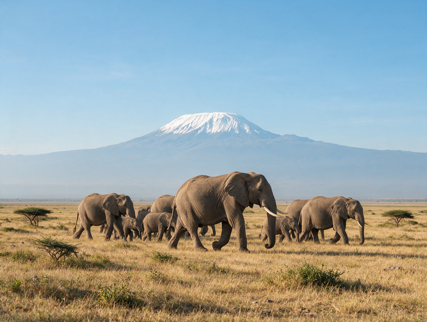 Elephant herd crossing the savannah beneath Mount Kilimanjaro in Amboseli National Park.