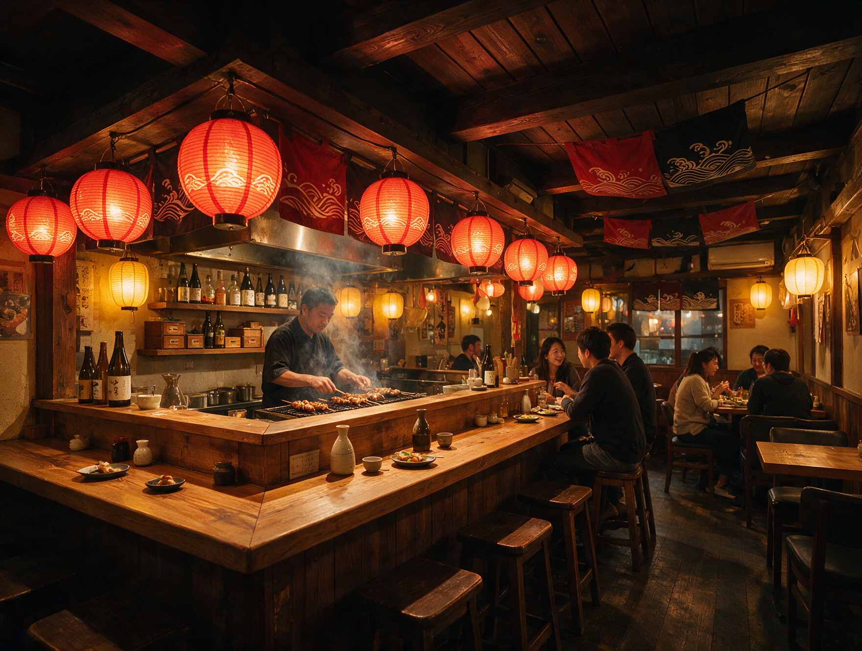 Warm, lantern-lit interior of a traditional Tokyo izakaya with a chef grilling yakitori skewers behind the counter