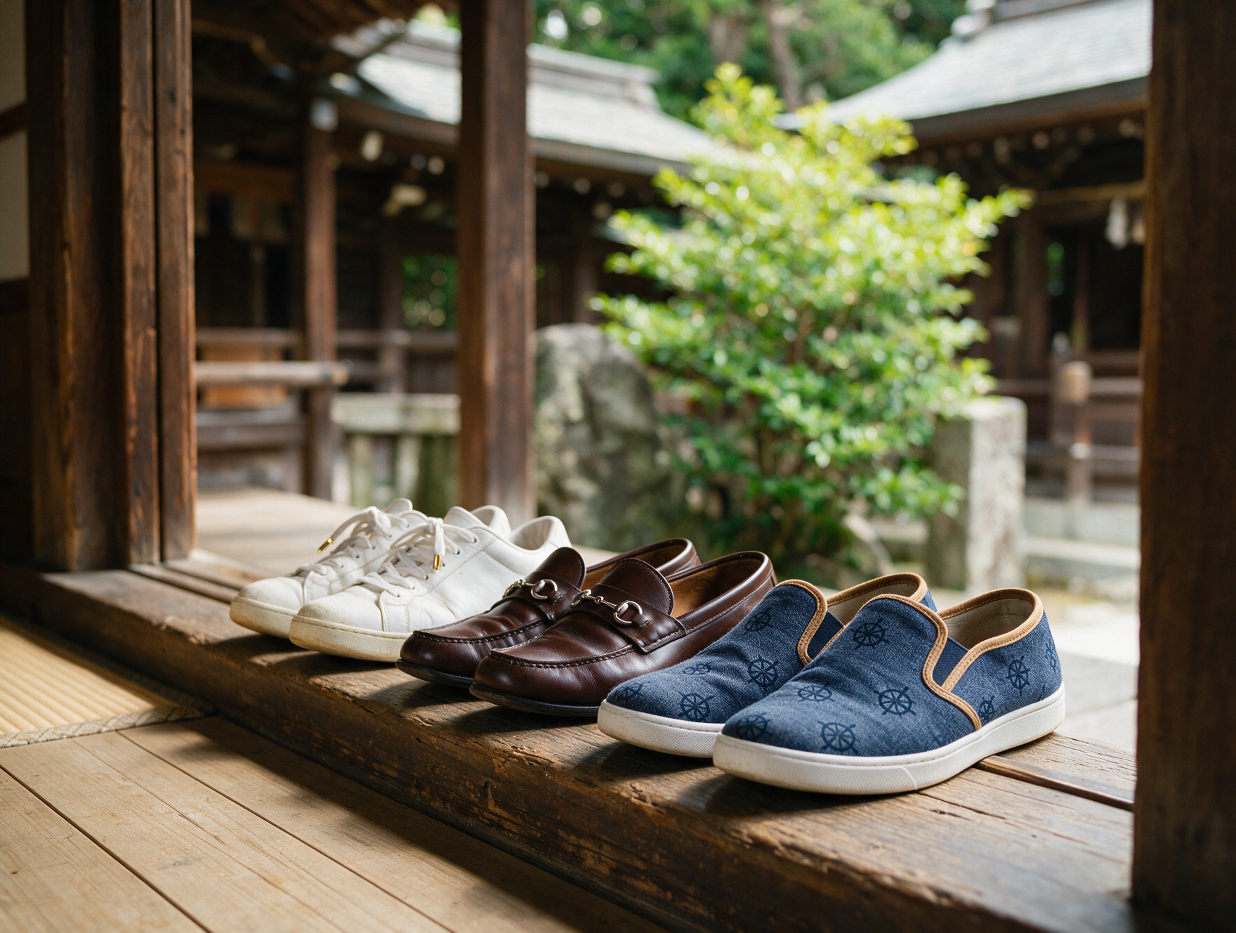 Row of removed shoes lined up at the wooden entrance of a traditional Japanese shrine