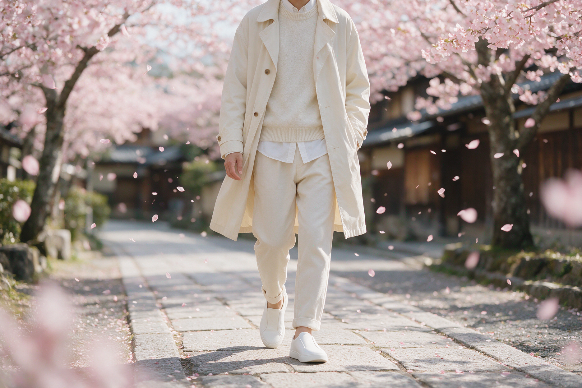 Traveler in a light layered jacket and slip-on sneakers walking past blooming cherry blossom trees in Kyoto during spring