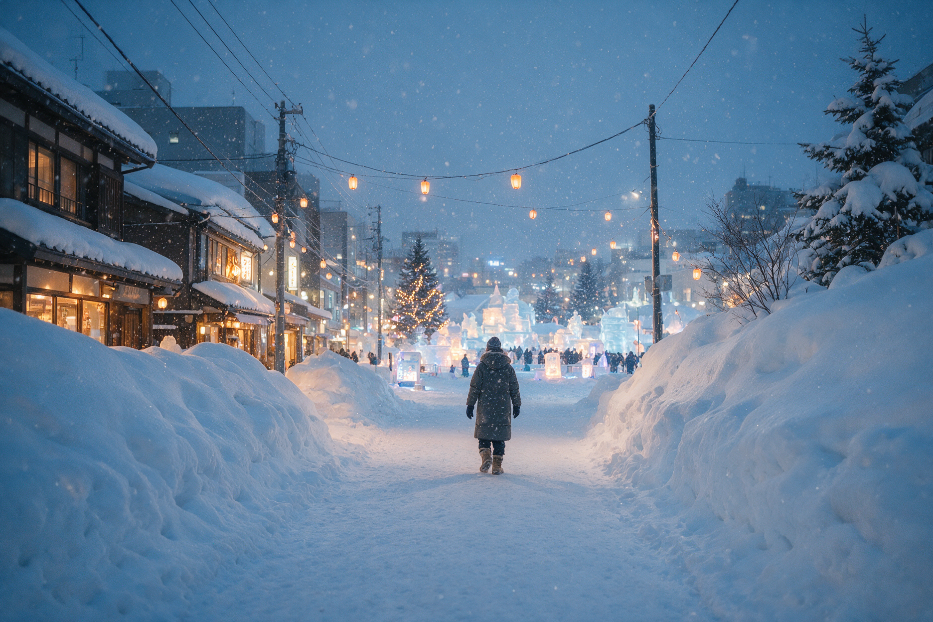 Traveler in a heavy down jacket, gloves, and snow boots walking a snow-covered Sapporo street near winter festival ice sculptures