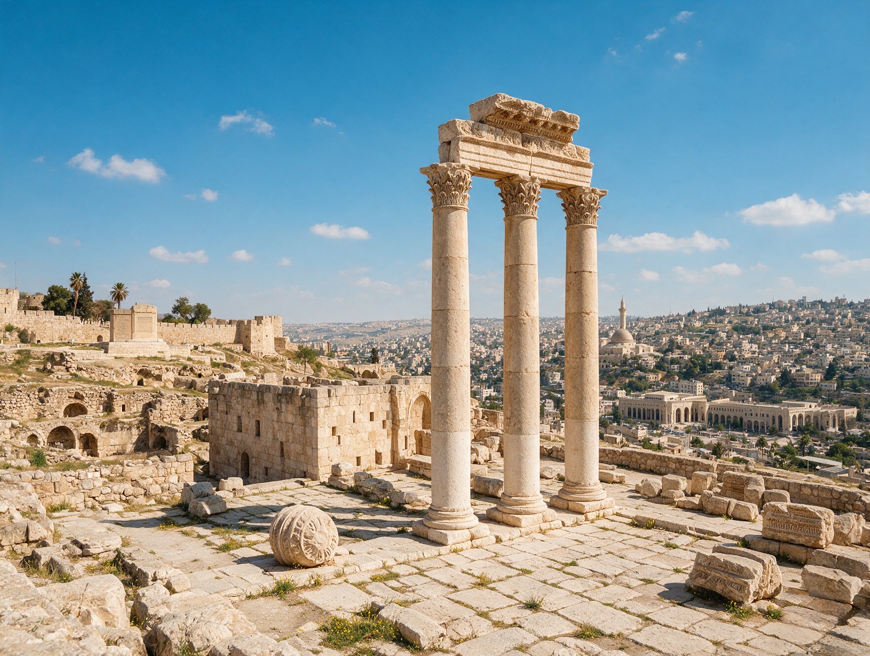 Ancient stone ruins at the Amman Citadel in Jordan with a city view