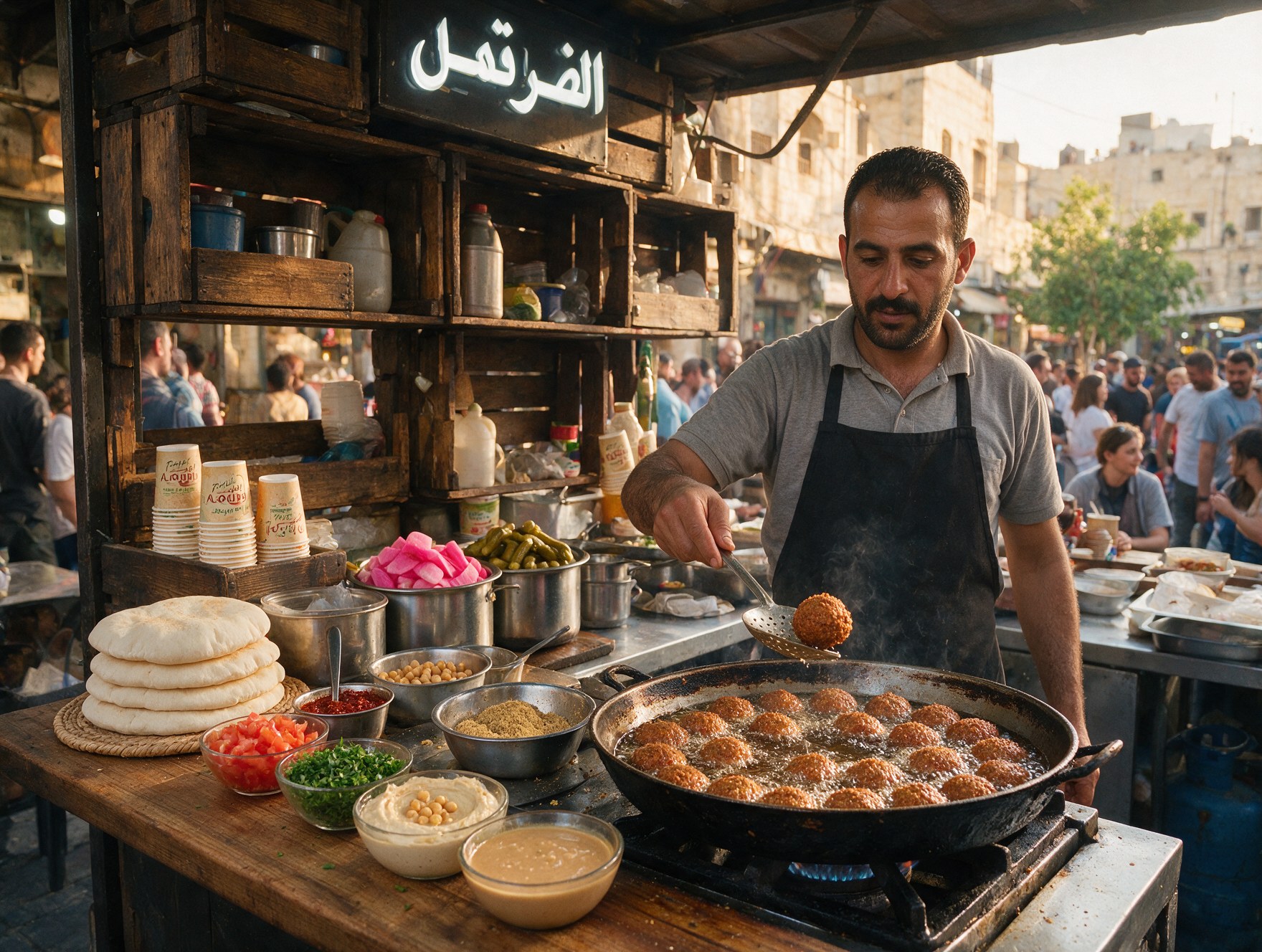 A street food vendor frying fresh falafel in downtown Amman, Jordan