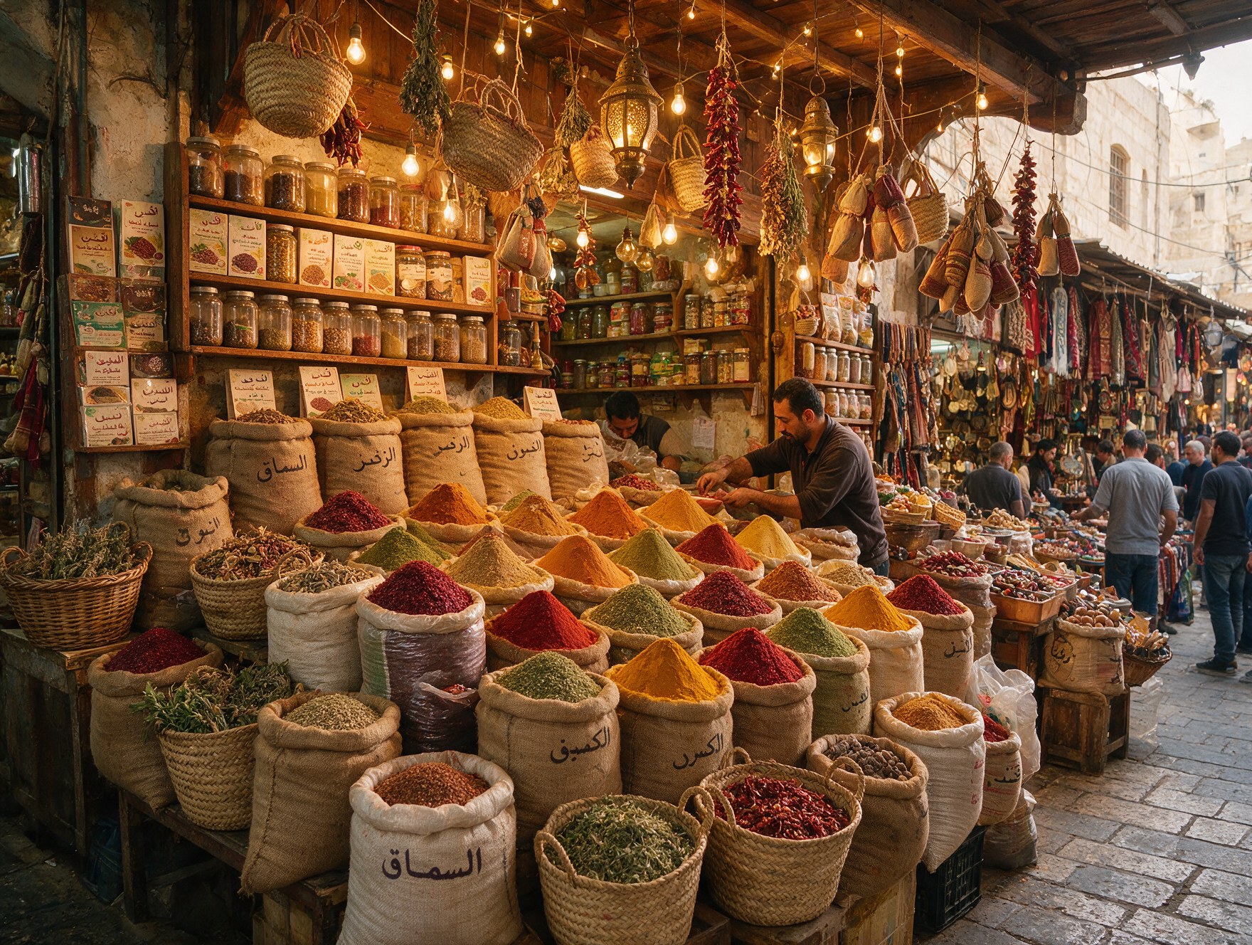 A spice souk stall in downtown Amman Jordan with sacks of sumac and za'atar
