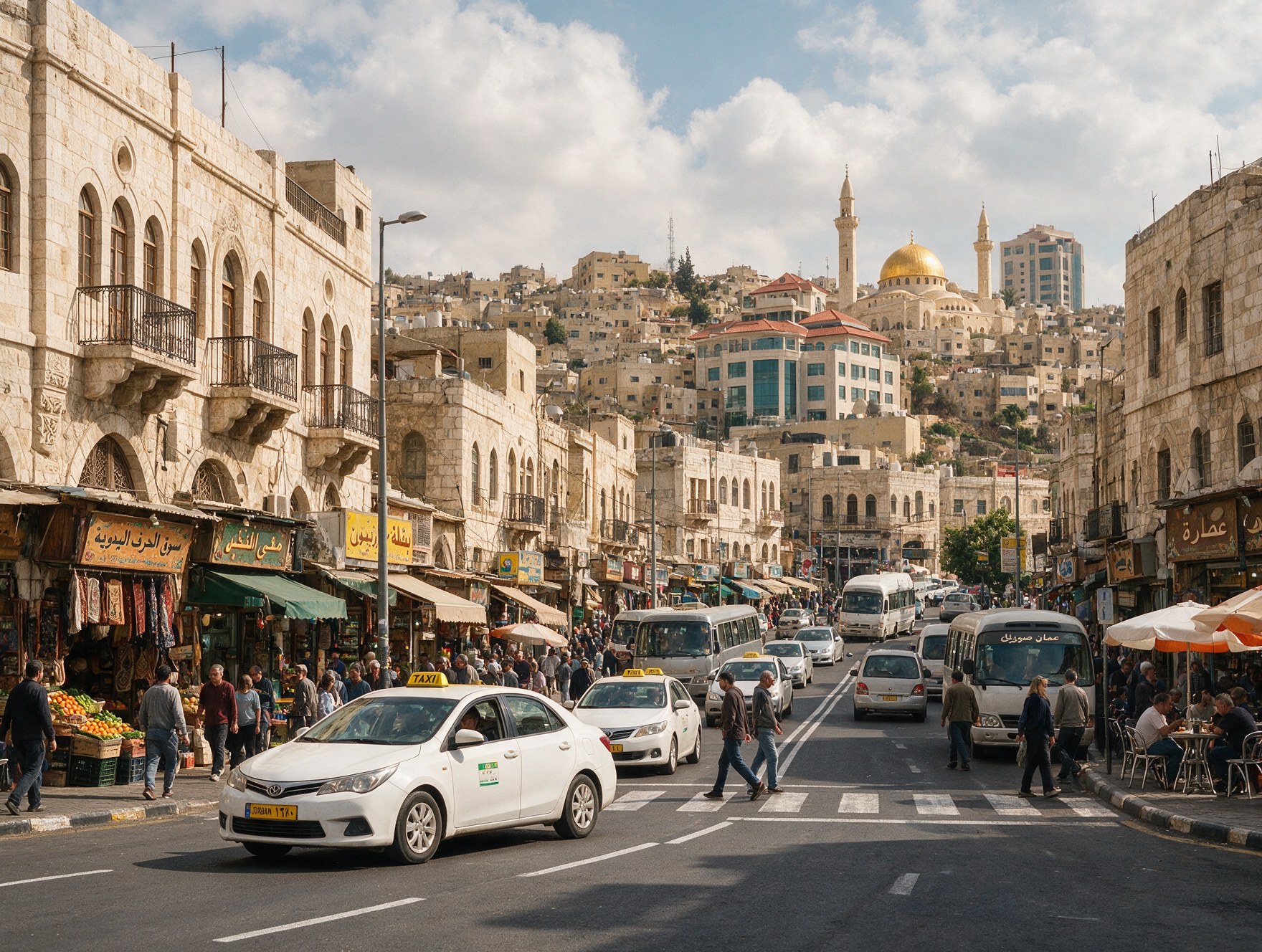 A downtown Amman Jordan street scene with white taxis
