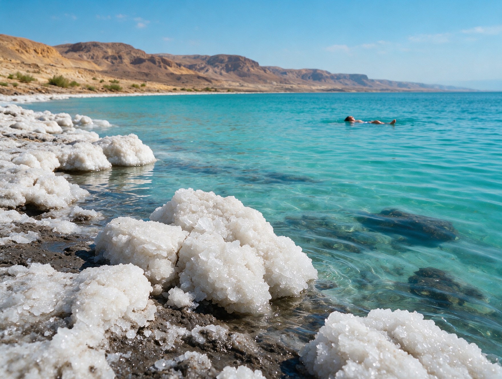 A traveler floating in the Dead Sea with salt crystal shoreline, Jordan