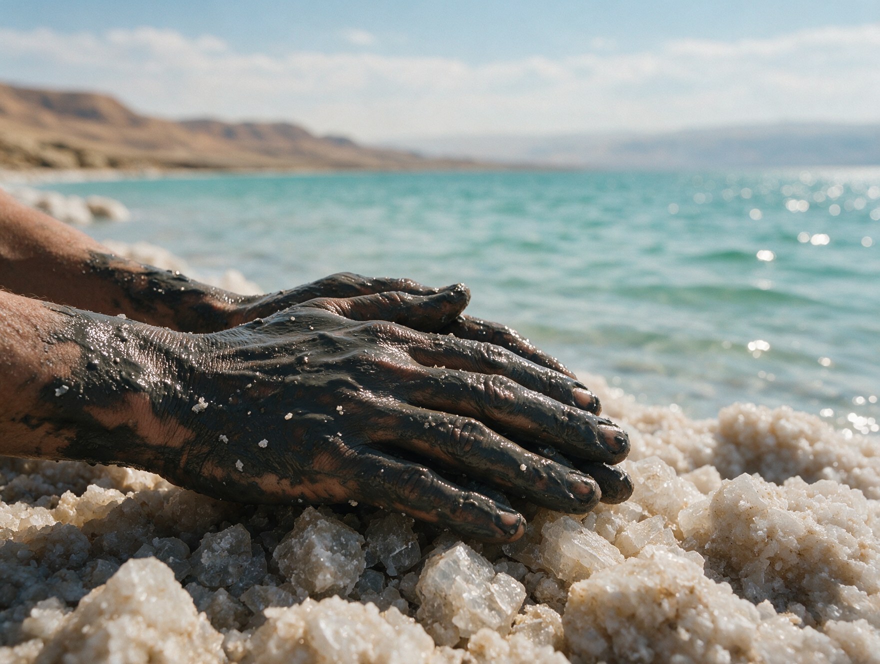 Close-up of mineral mud on hands at the Dead Sea, Jordan