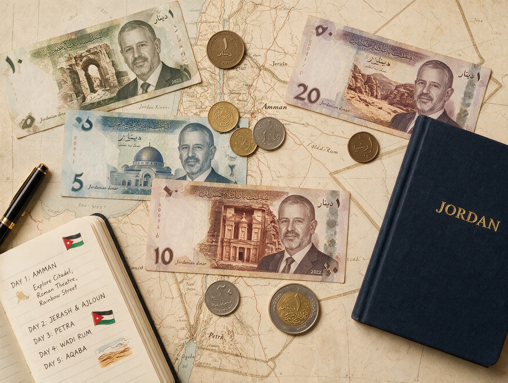 Jordanian dinar banknotes and coins on a map of Jordan
