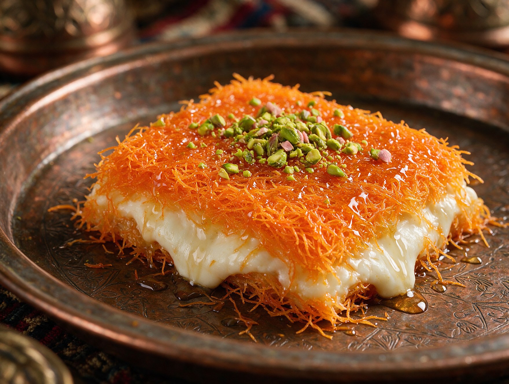 Close-up of warm knafeh dessert with pistachio garnish, a Jordanian sweet
