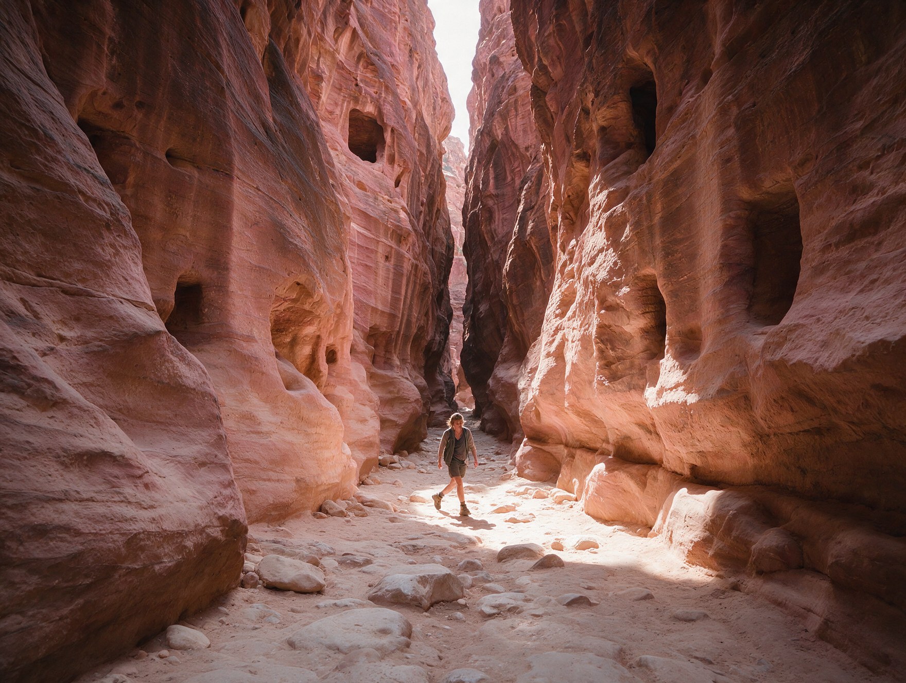 A hiker wearing sturdy walking boots in the narrow Siq canyon in Petra, Jordan