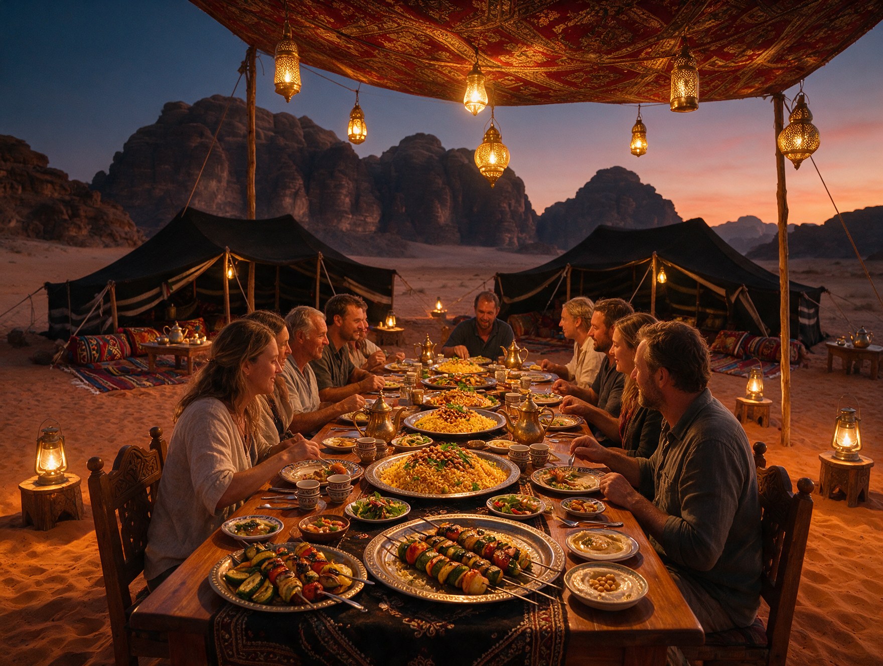 A communal dinner table at a Bedouin desert camp in Wadi Rum, Jordan