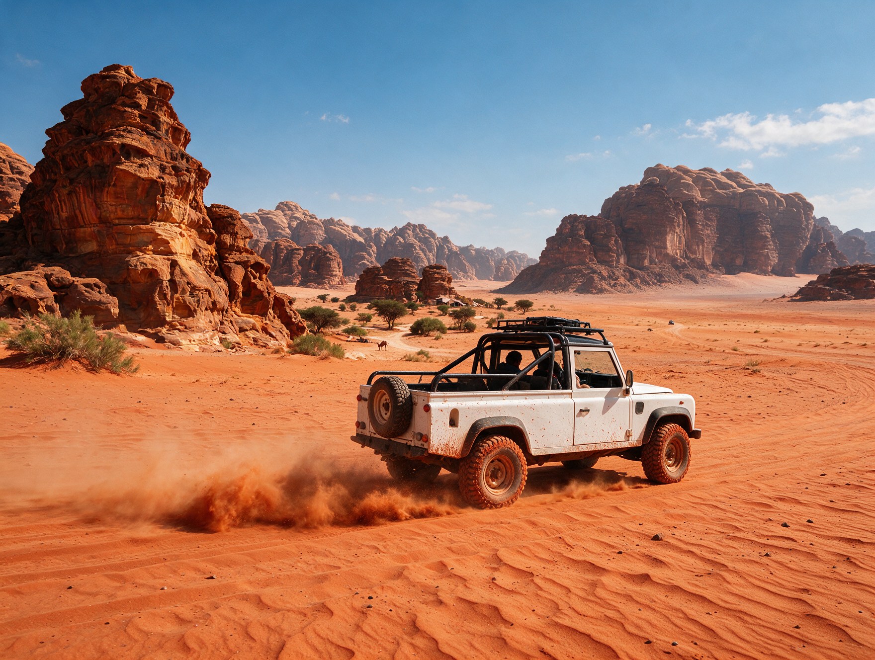 A 4x4 jeep driving through the rock formations of Wadi Rum, Jordan