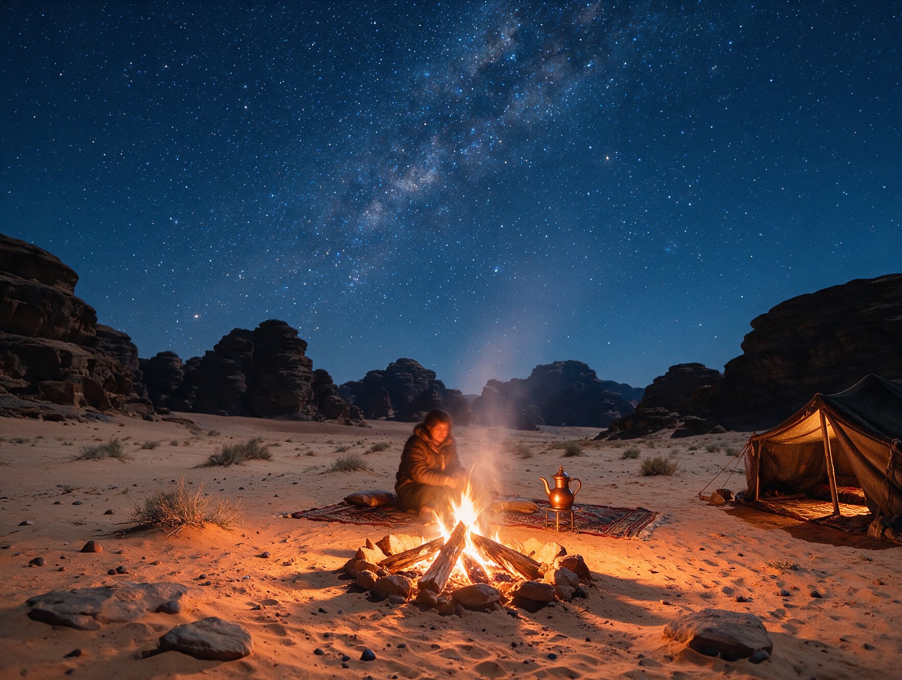 A warmly dressed traveler by a campfire under the stars in Wadi Rum, Jordan