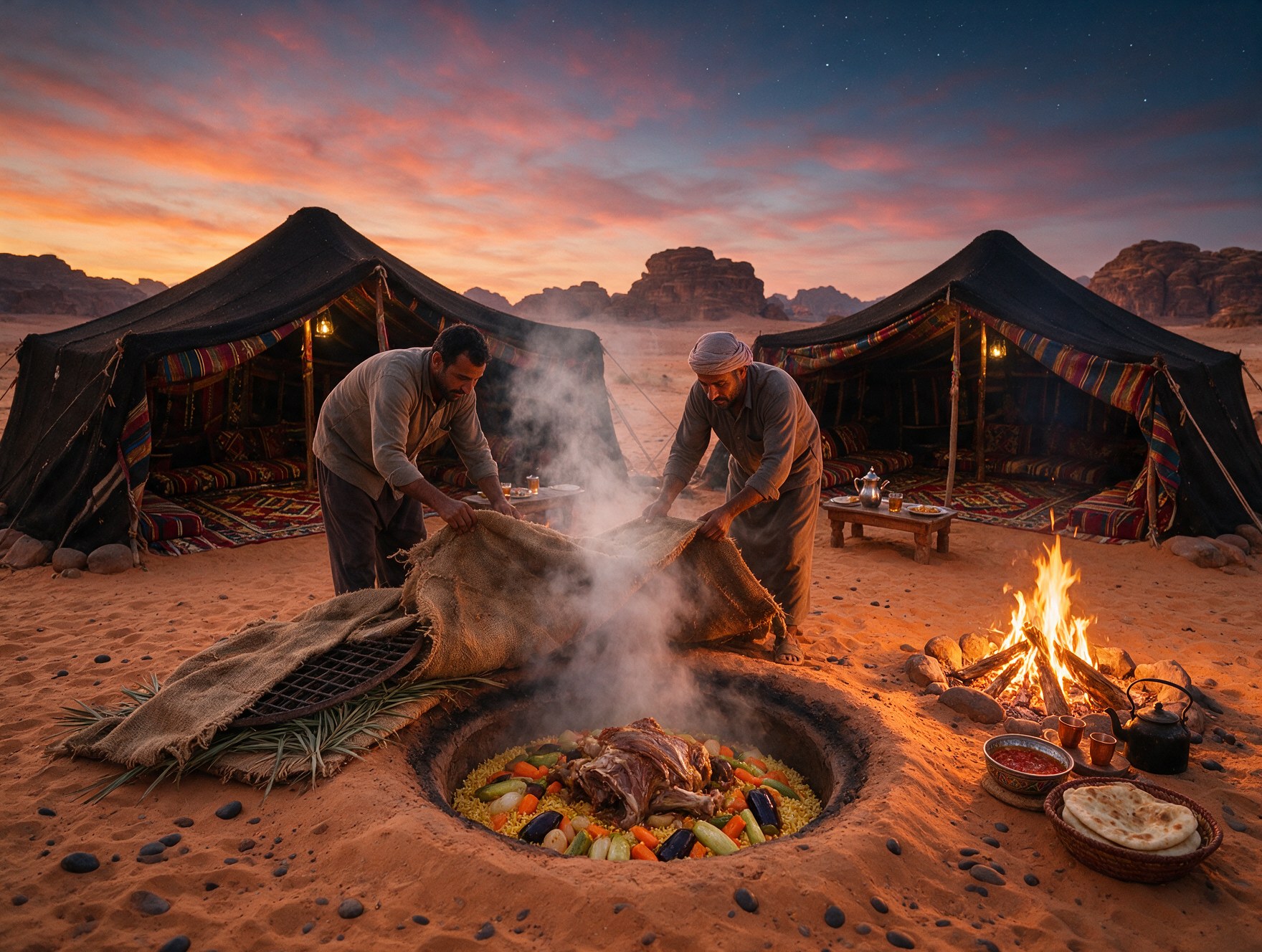 A traditional Bedouin zarb dinner being uncovered at a Wadi Rum desert camp