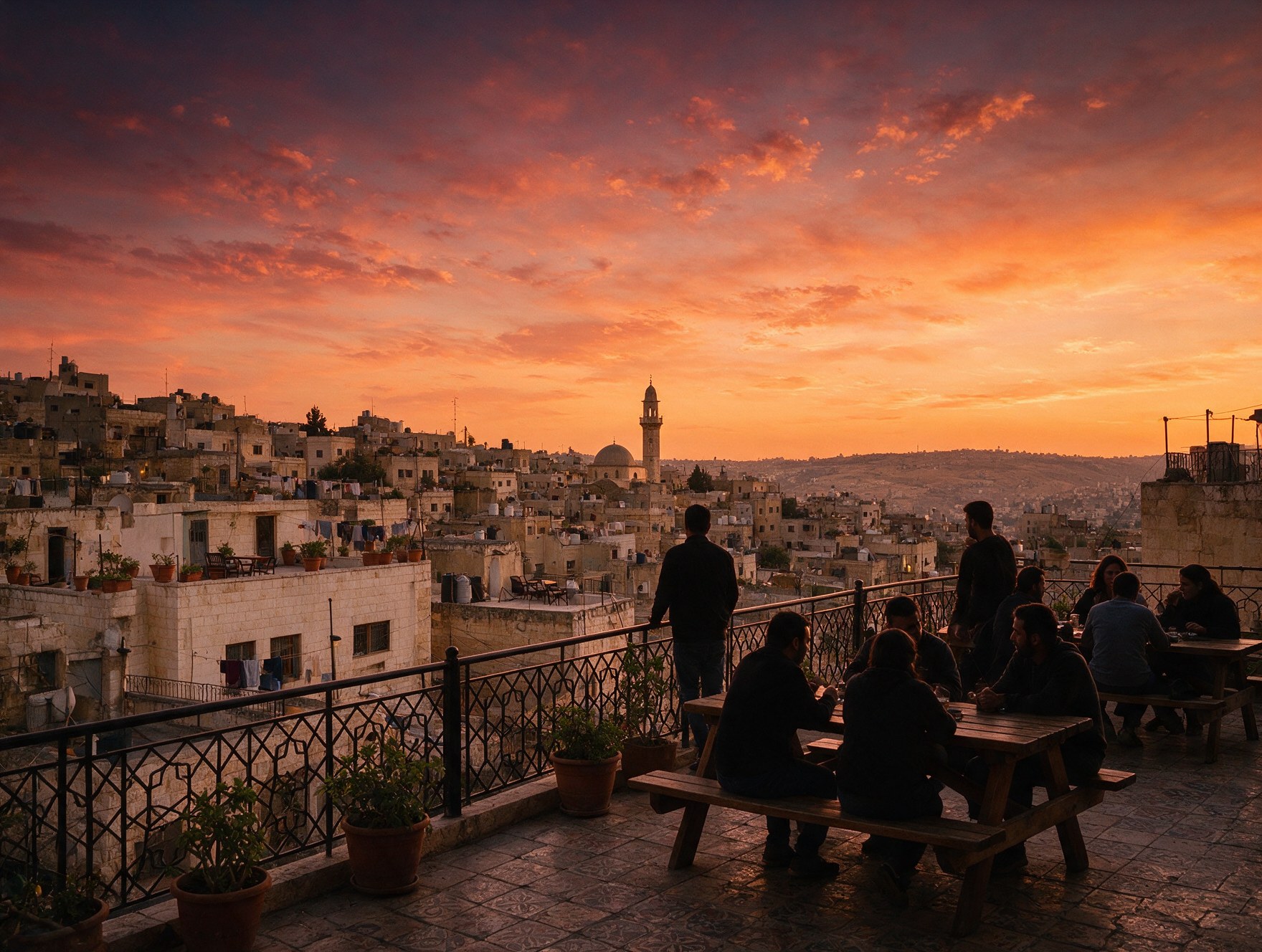 Sunset view from an outdoor terrace in Amman, Jordan overlooking rooftops