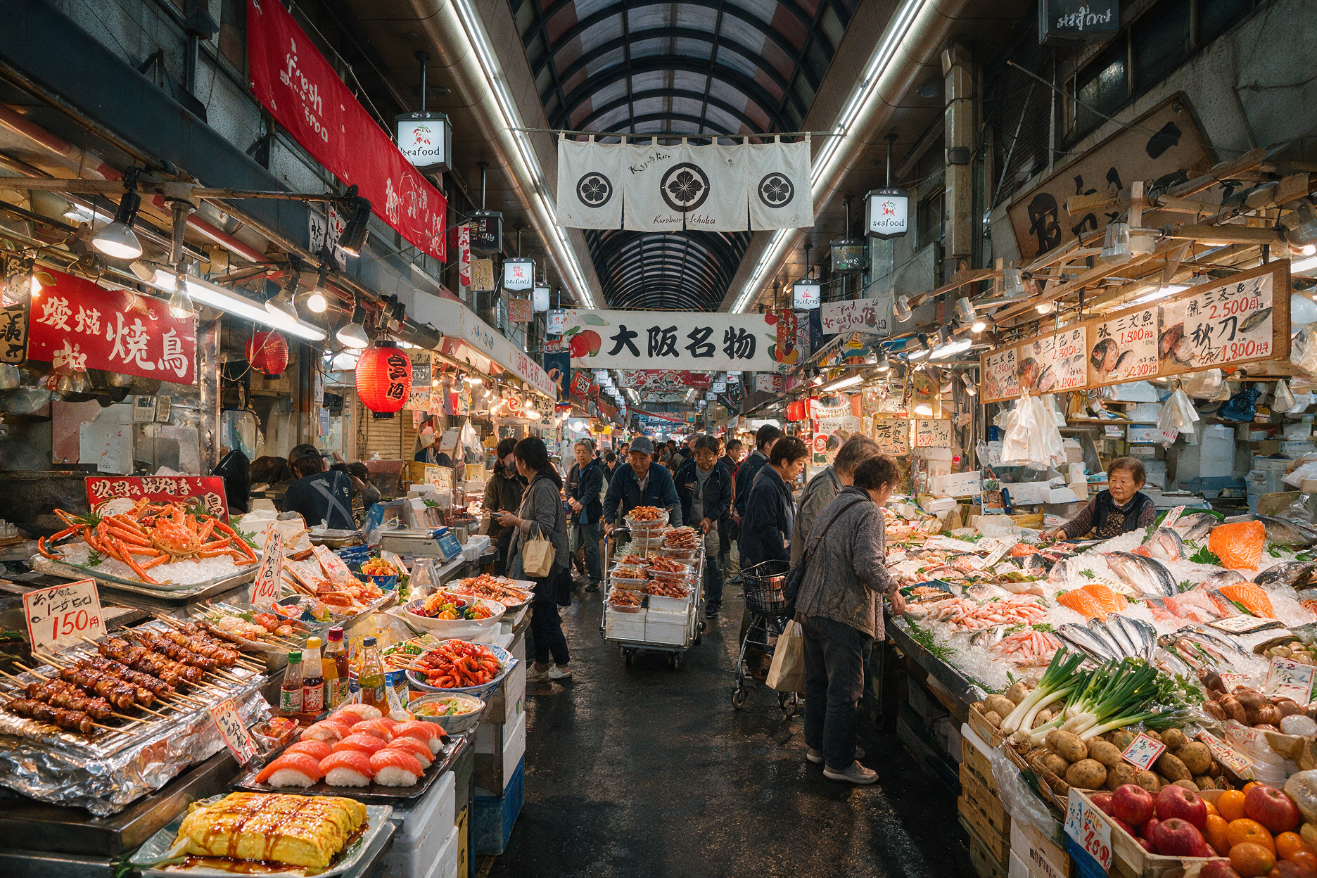 Covered market alley at Kuromon Ichiba Market in Osaka with seafood and produce stalls