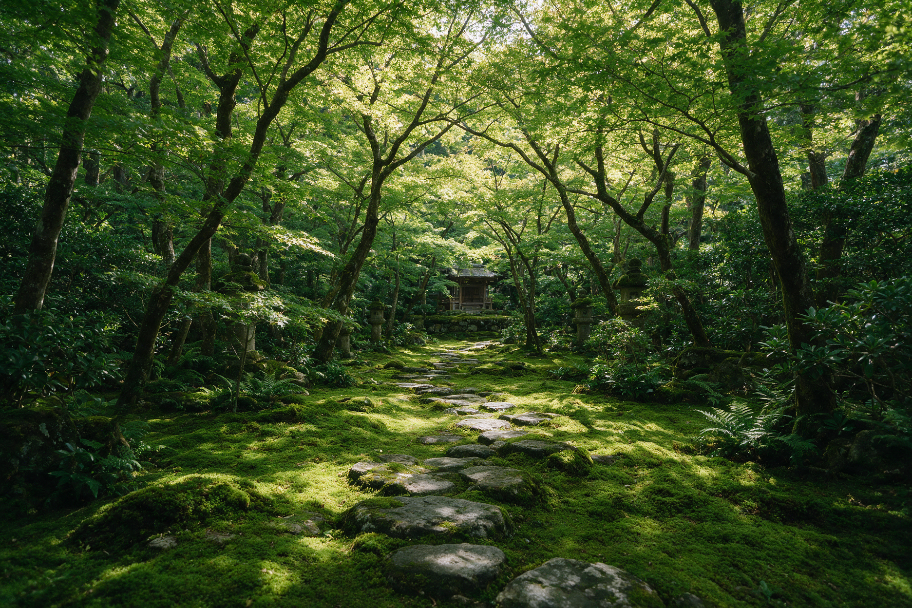 Quiet moss garden at Gio-ji temple in Arashiyama, Kyoto, with Japanese maple trees and no crowds