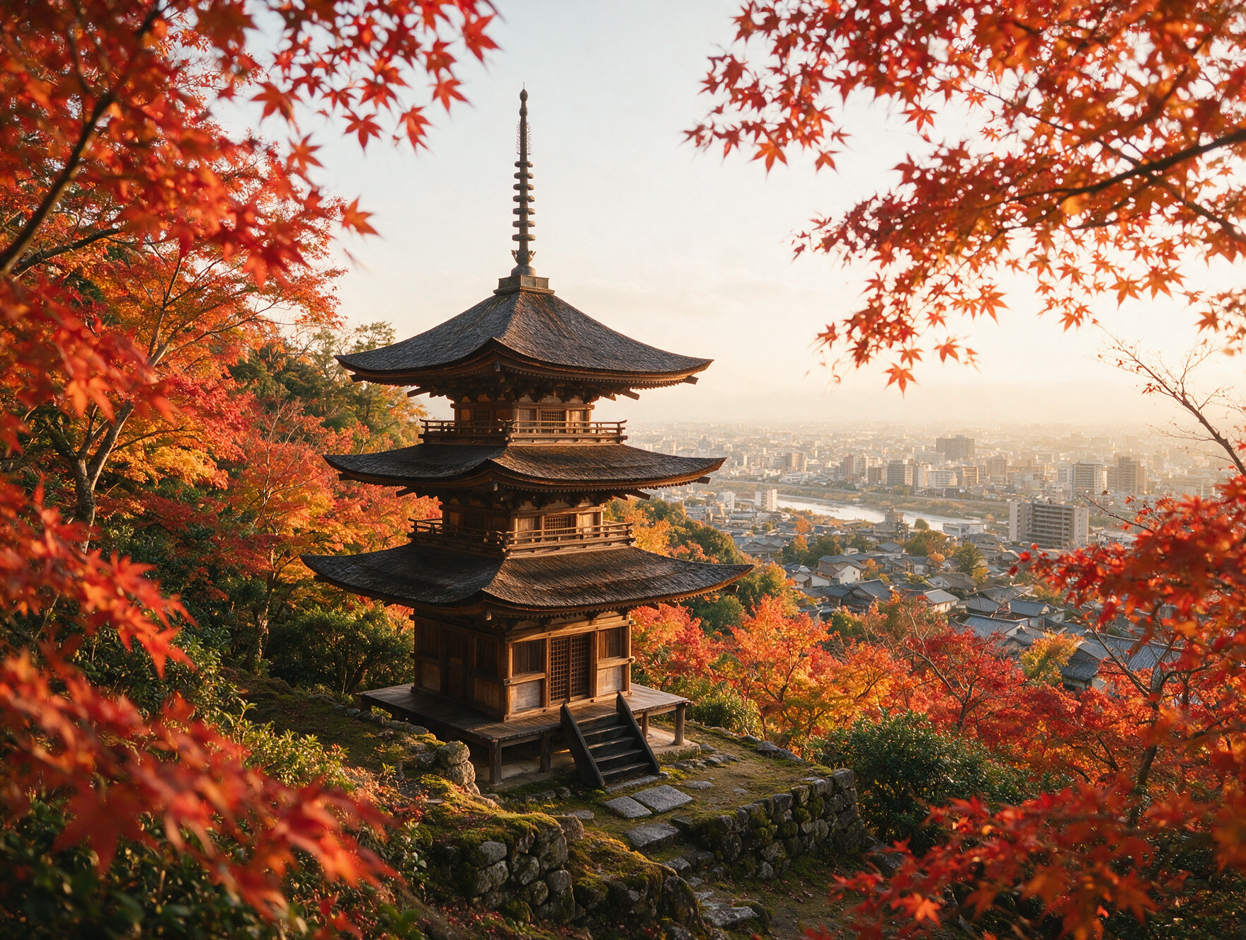 View over Kyoto from the hillside pagoda at Jojakko-ji temple in Arashiyama, framed by maple leaves