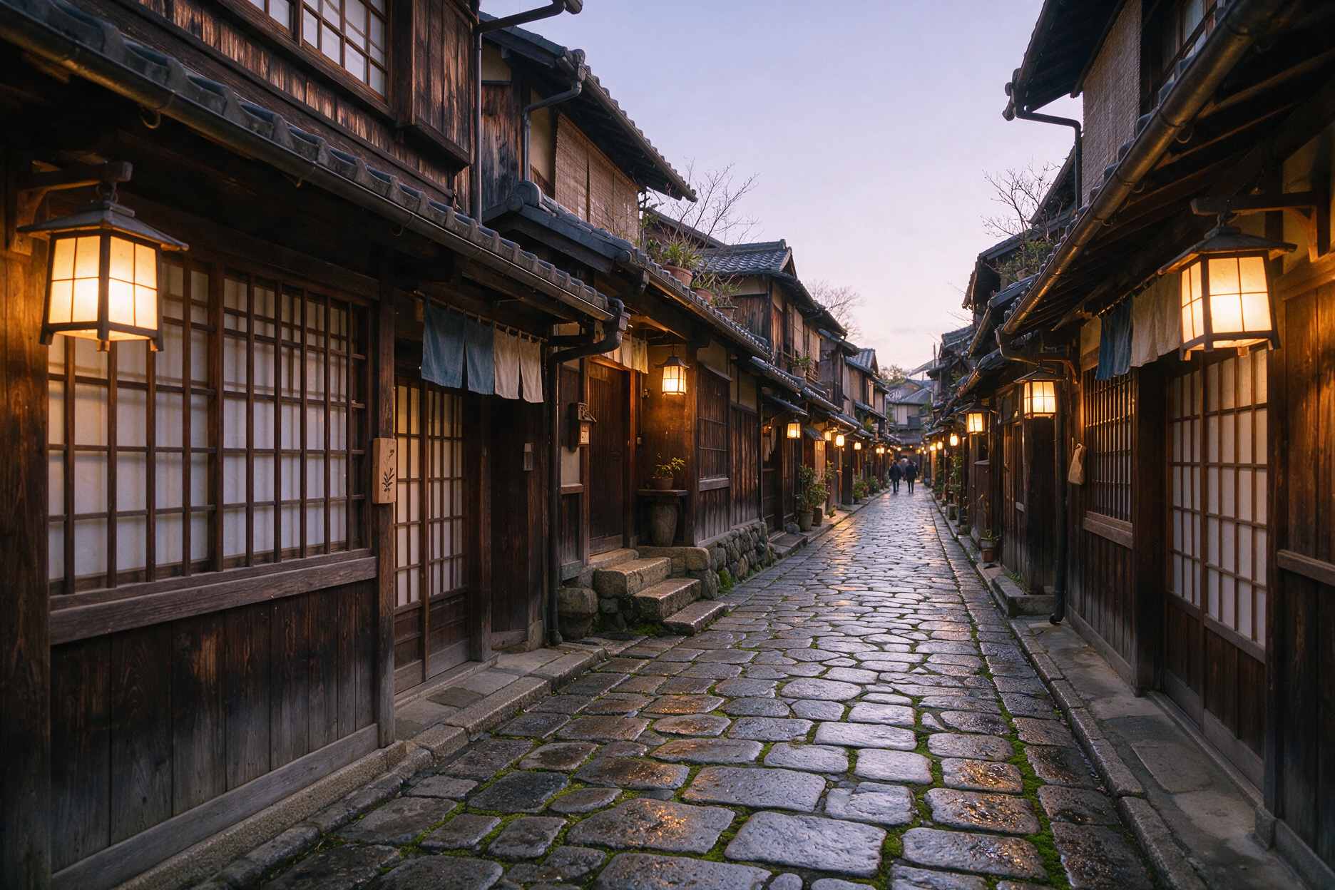 Narrow Kyoto backstreet with traditional wooden machiya buildings and hanging paper lanterns in the evening
