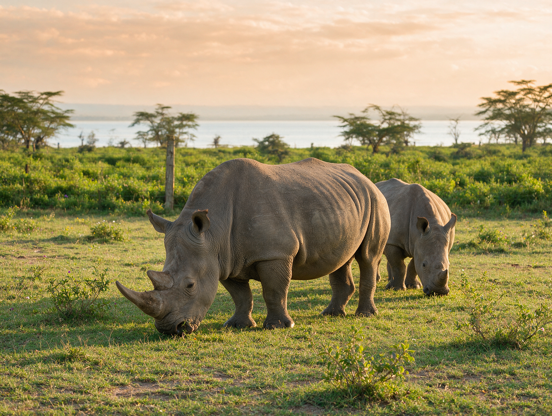 White rhino pair grazing green vegetation Lake Nakuru National Park Kenya
