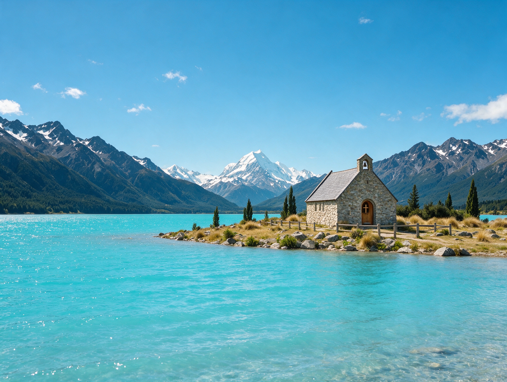 Turquoise waters of Lake Tekapo with Church of the Good Shepherd and Aoraki Mount Cook in the distance