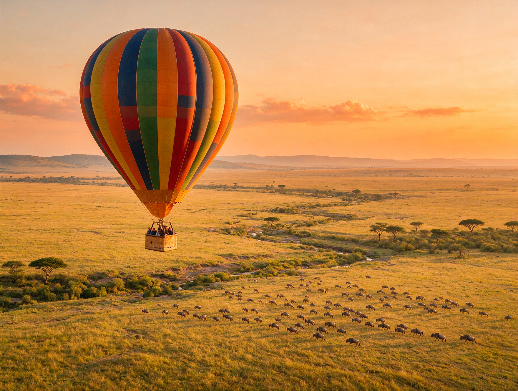Hot air balloon flying over Maasai Mara Kenya at sunrise wildlife below