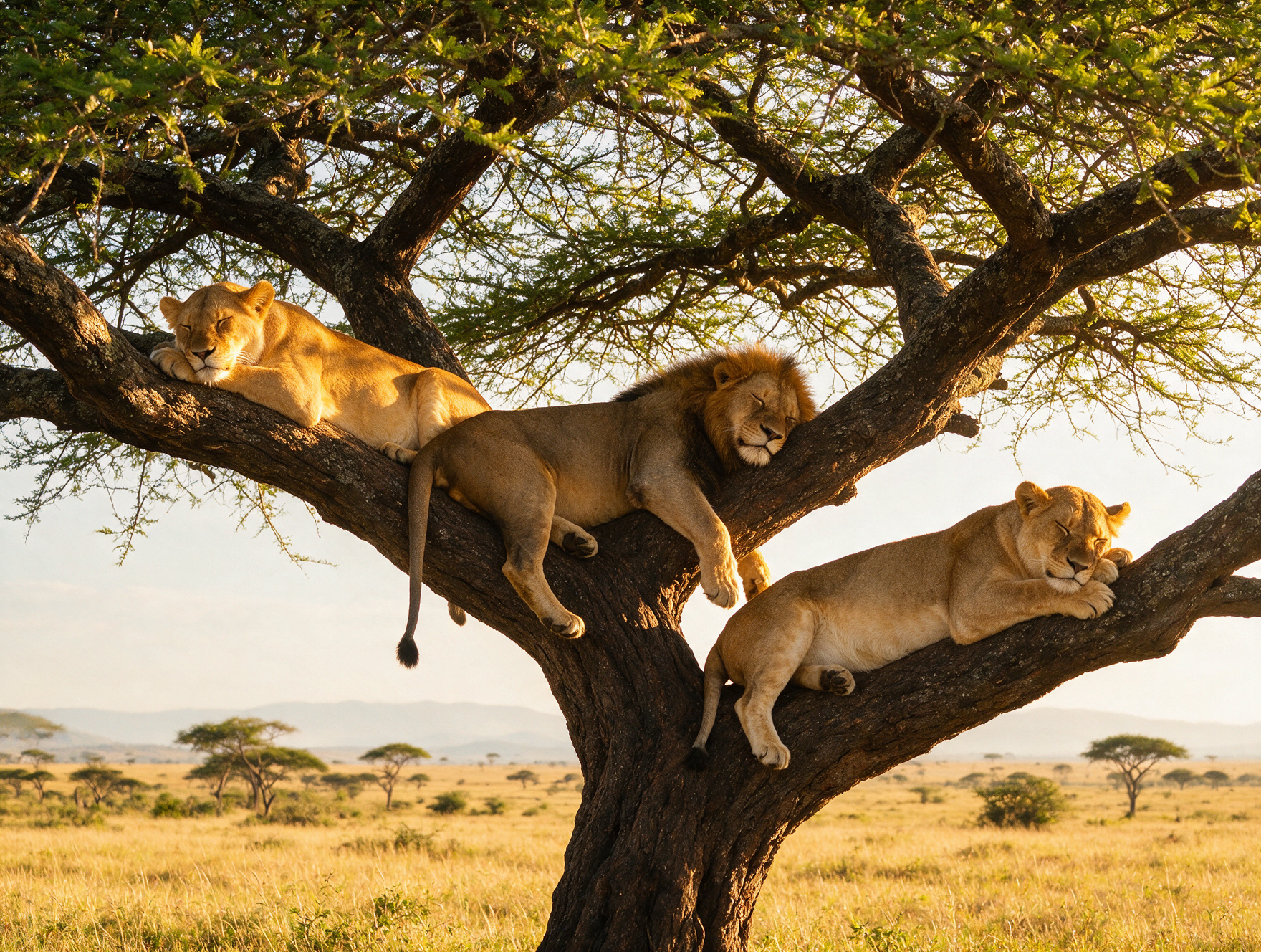 Lion draped resting tree branch acacia fever tree Maasai Mara Kenya