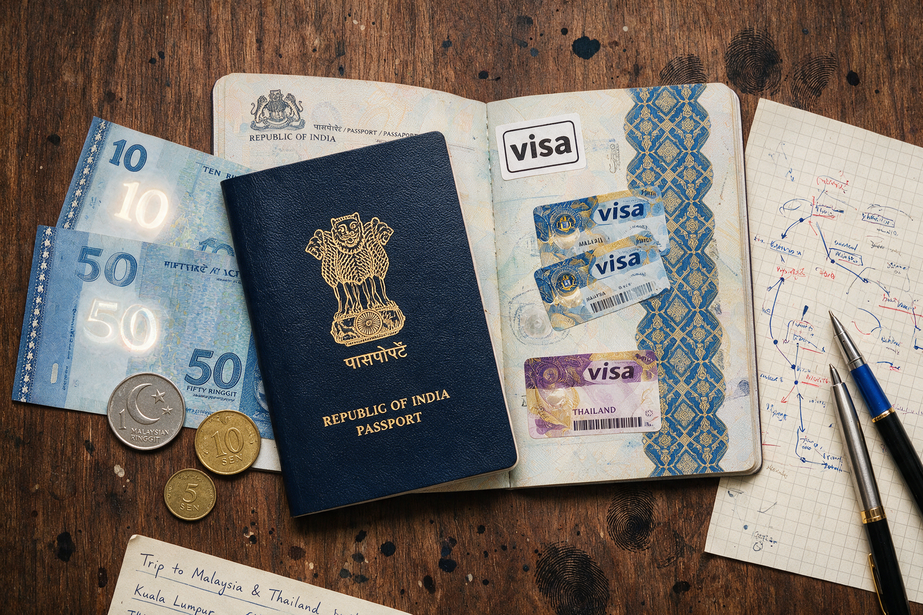 Indian passport and Malaysian Ringgit currency