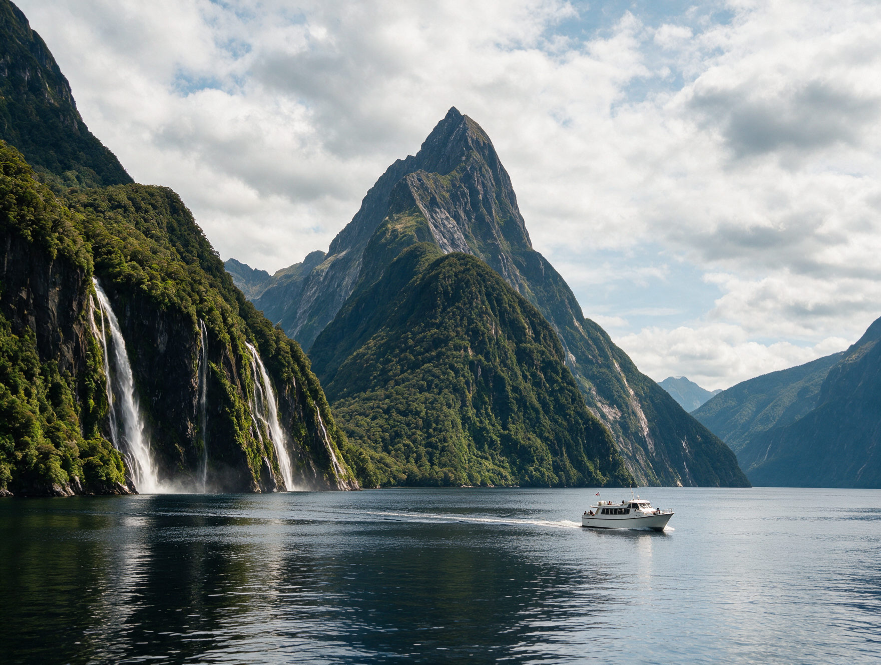 Milford Sound fiord with Mitre Peak and a cruise boat on the water
