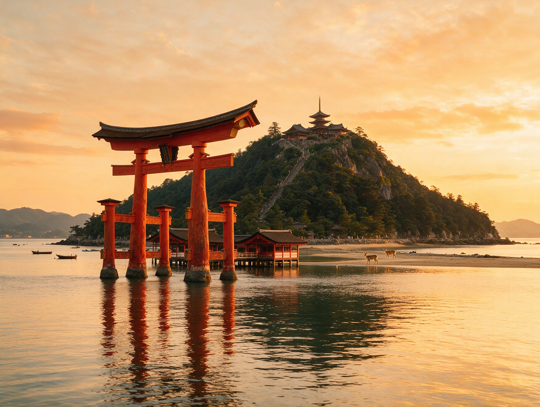 The floating red torii gate of Itsukushima Shrine on Miyajima island at golden hour with the sea partially covering its base