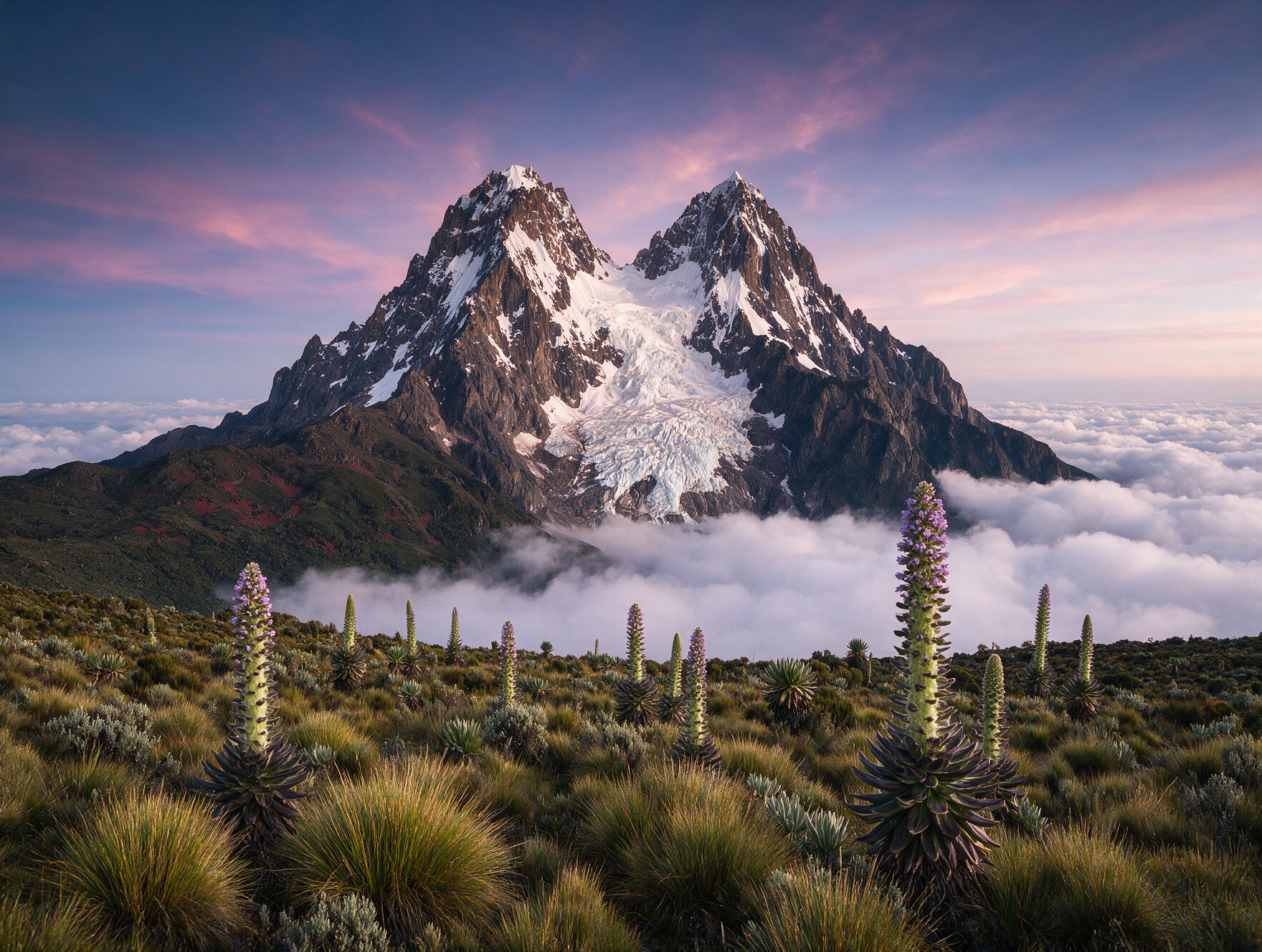 Mount Kenya glaciated summit Batian Nelion giant lobelia Afroalpine foreground
