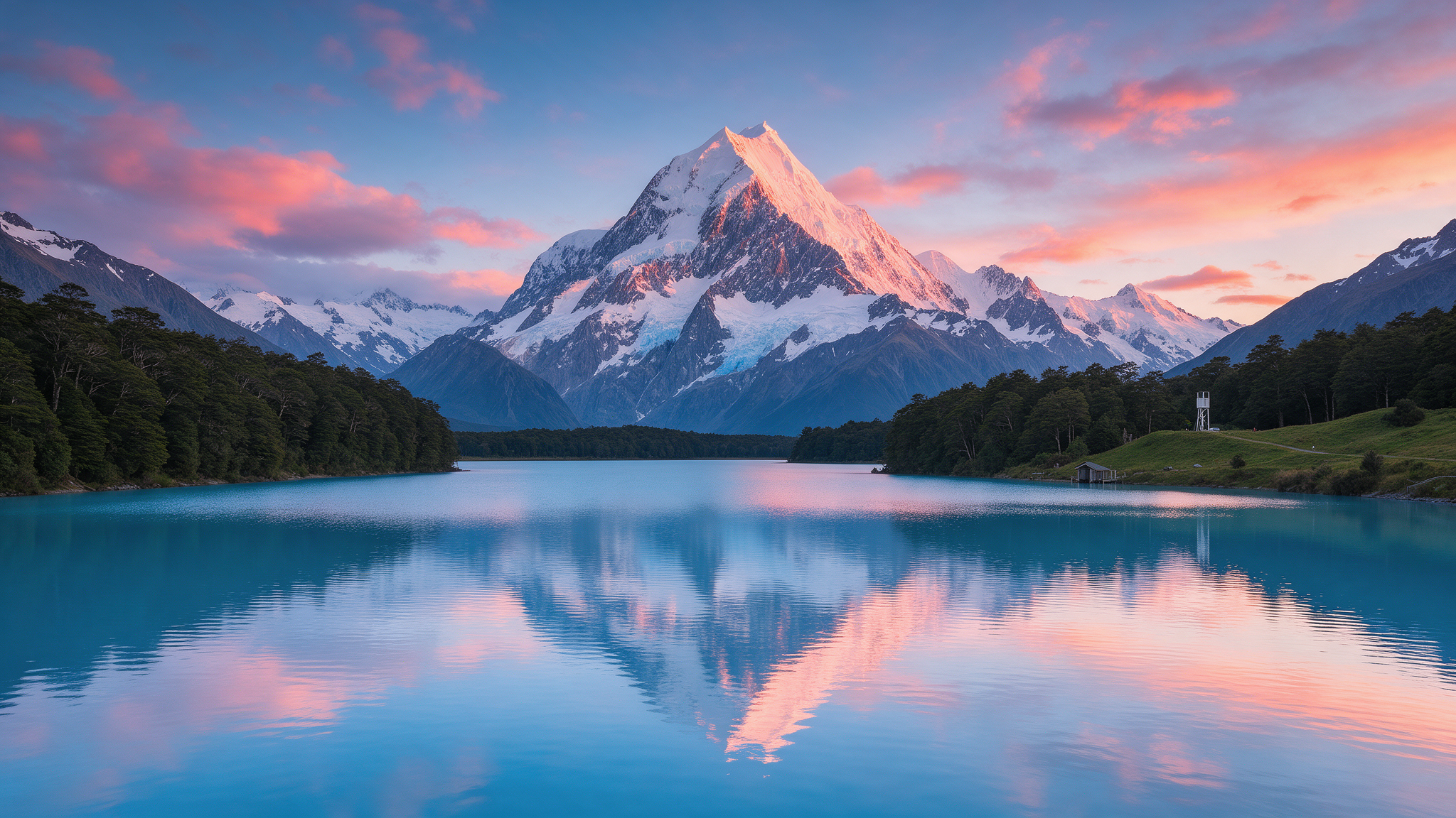 Aoraki Mount Cook glowing pink and orange at sunset reflected in a glacial lake