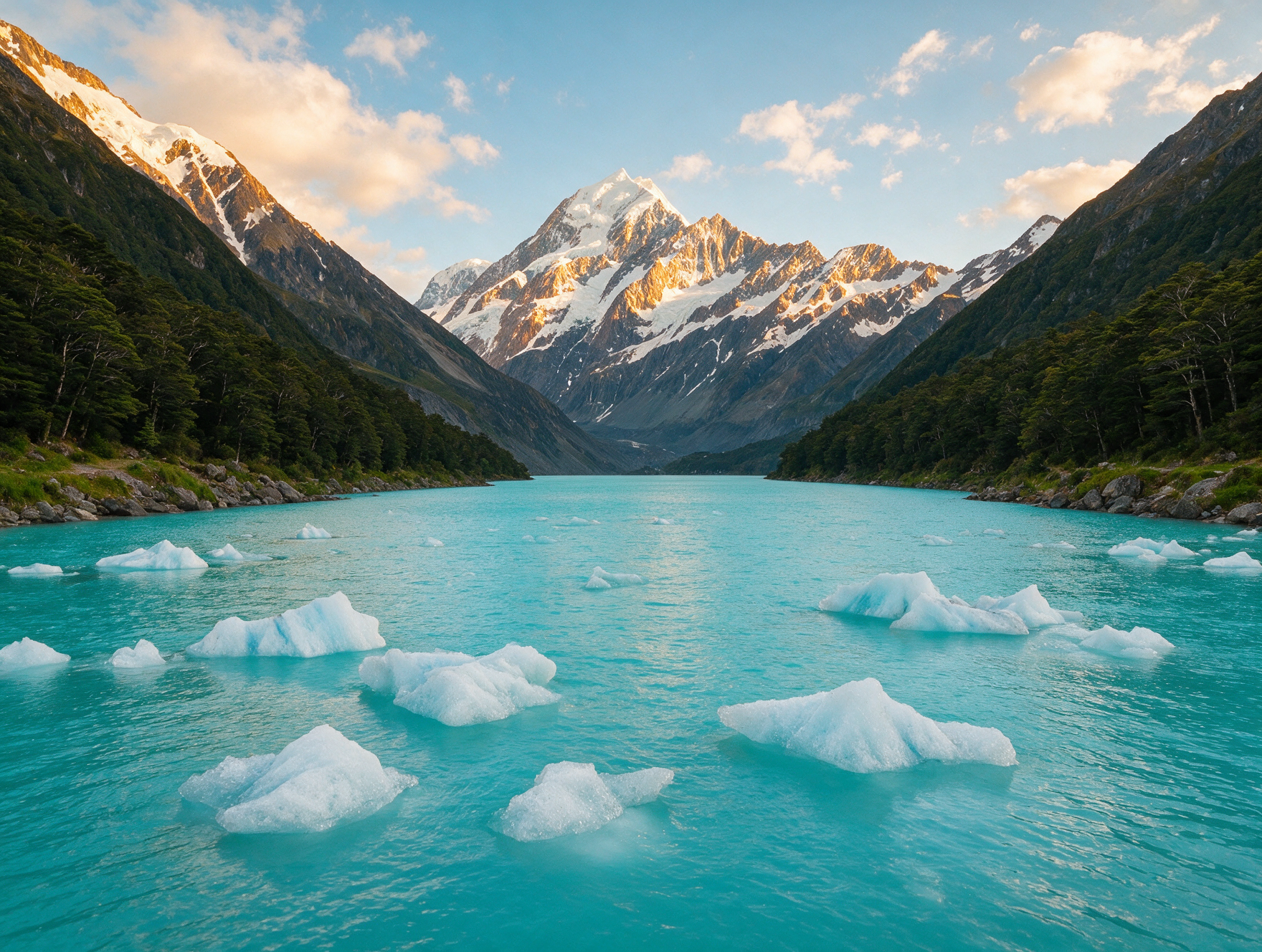 Turquoise glacial lake with small icebergs near Aoraki Mount Cook at golden hour