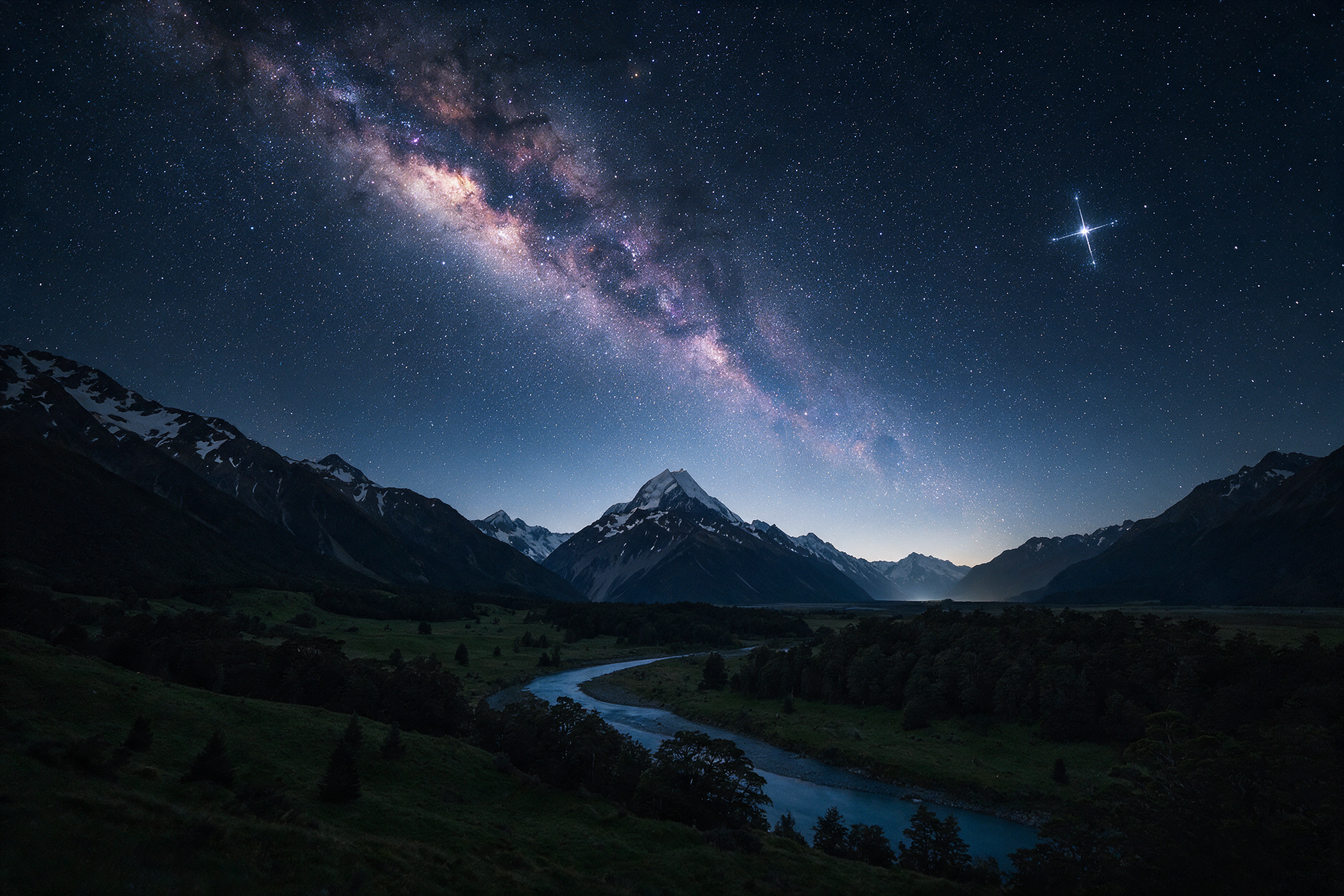 Starry night sky with Milky Way over Aoraki Mount Cook silhouette
