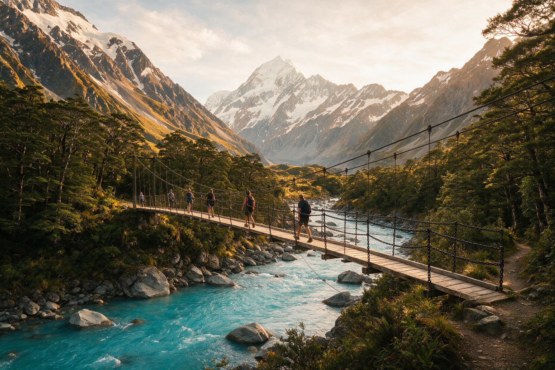 Hikers crossing a swing bridge on the Hooker Valley Track with mountain views