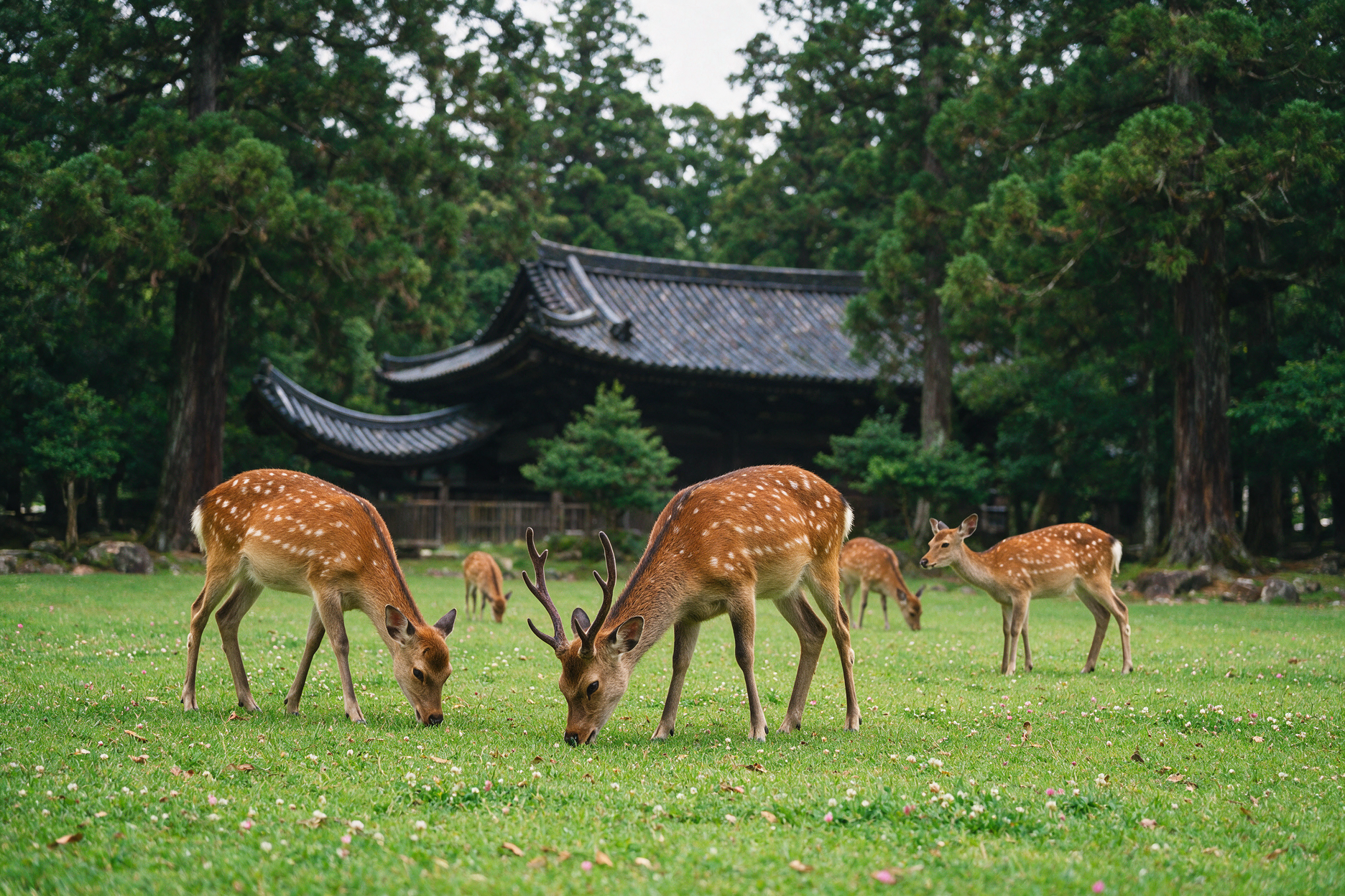 Small herd of wild sika deer grazing on grass in Nara Park with a temple roofline in the background