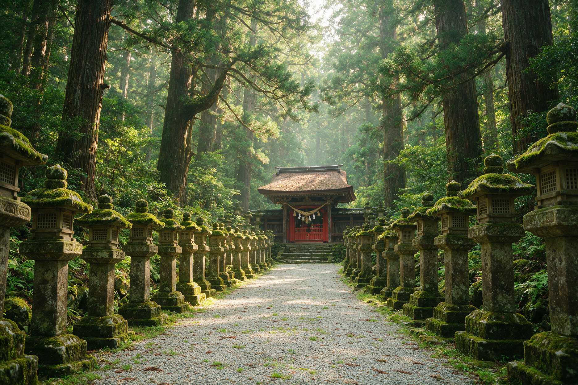 Stone-lantern-lined forest path leading toward Kasuga Taisha shrine in Nara under tall cedar trees