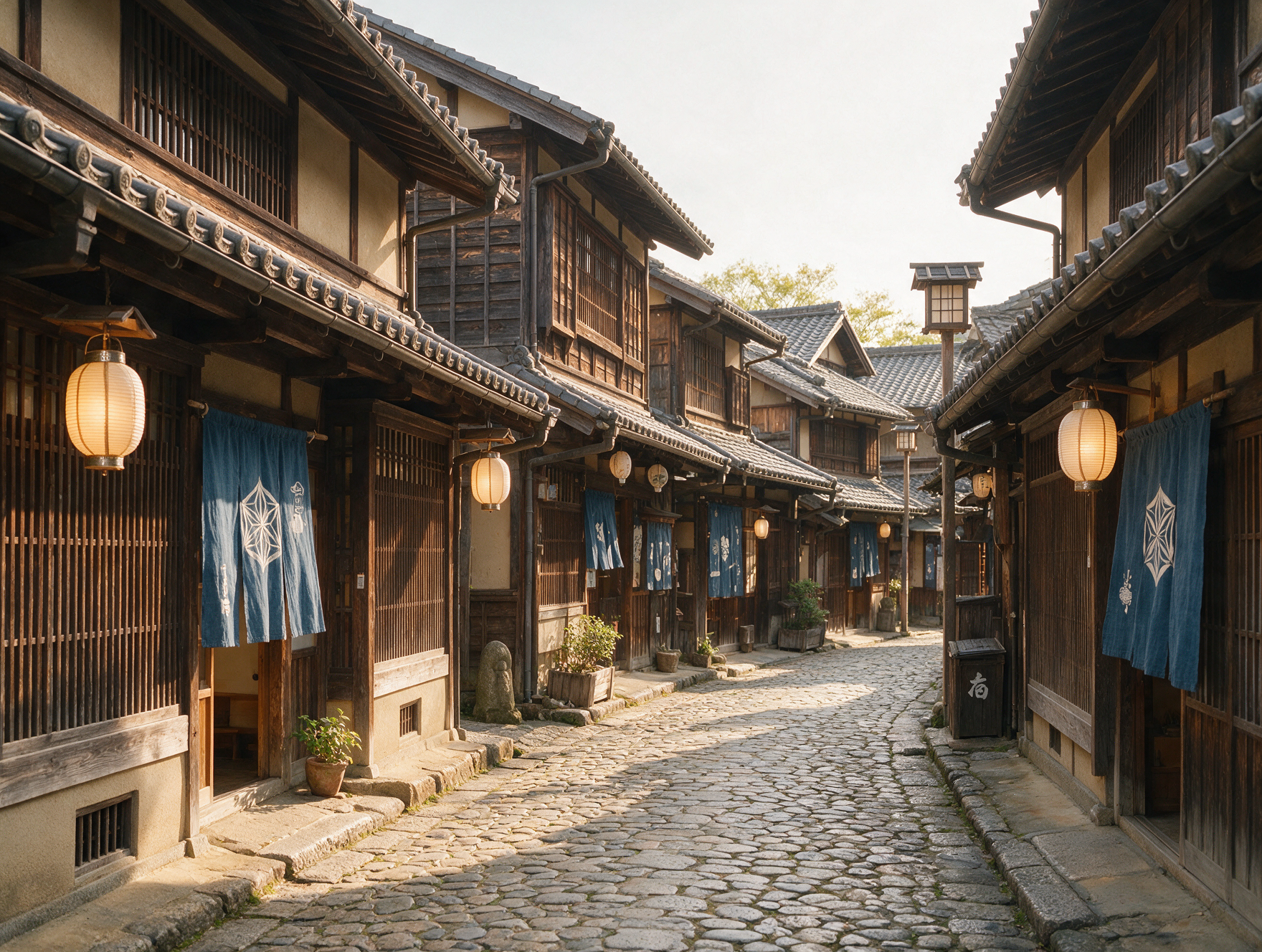 Narrow backstreet in Naramachi, Nara's old merchant quarter, with wooden lattice-fronted machiya houses and hanging lanterns