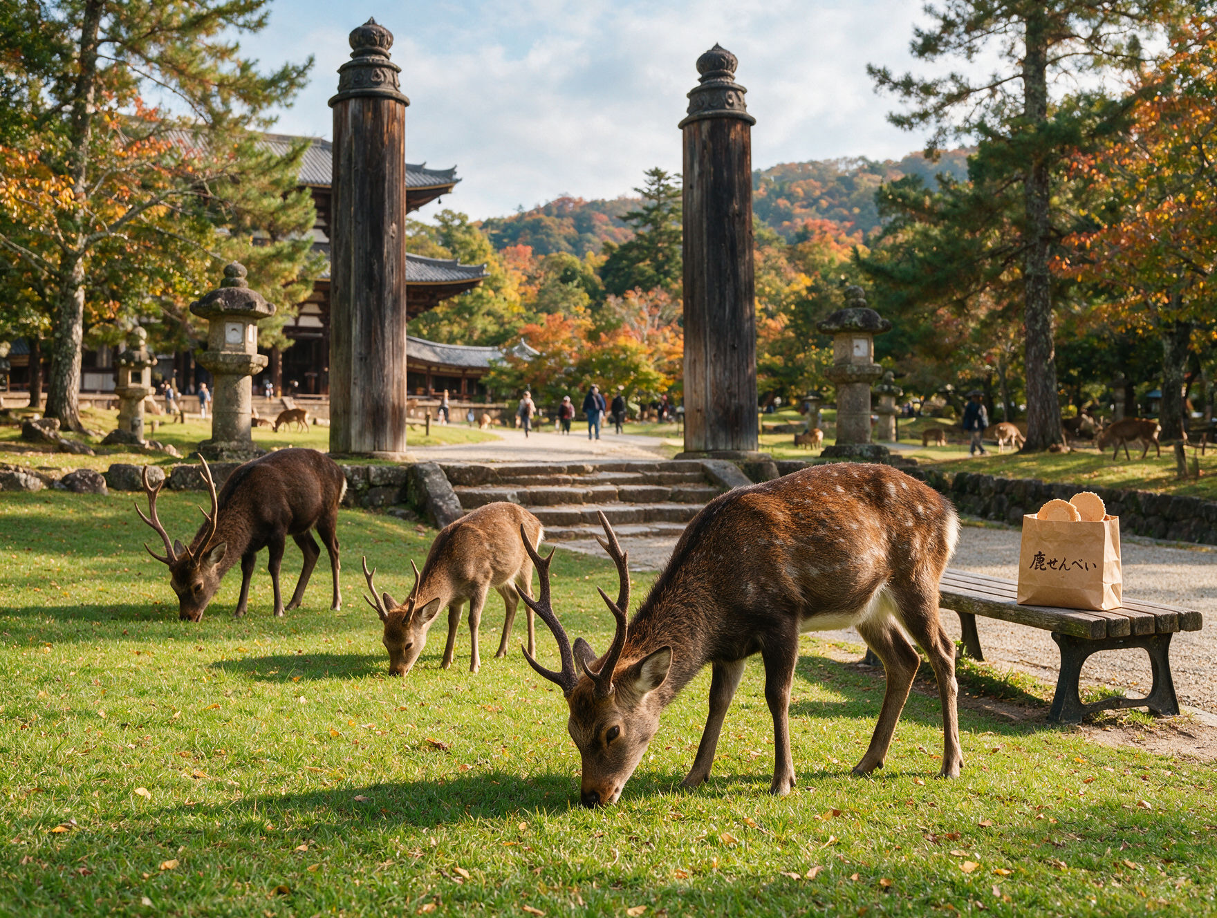 Wild sika deer grazing freely in Nara Park near Todaiji Temple grounds in Japan