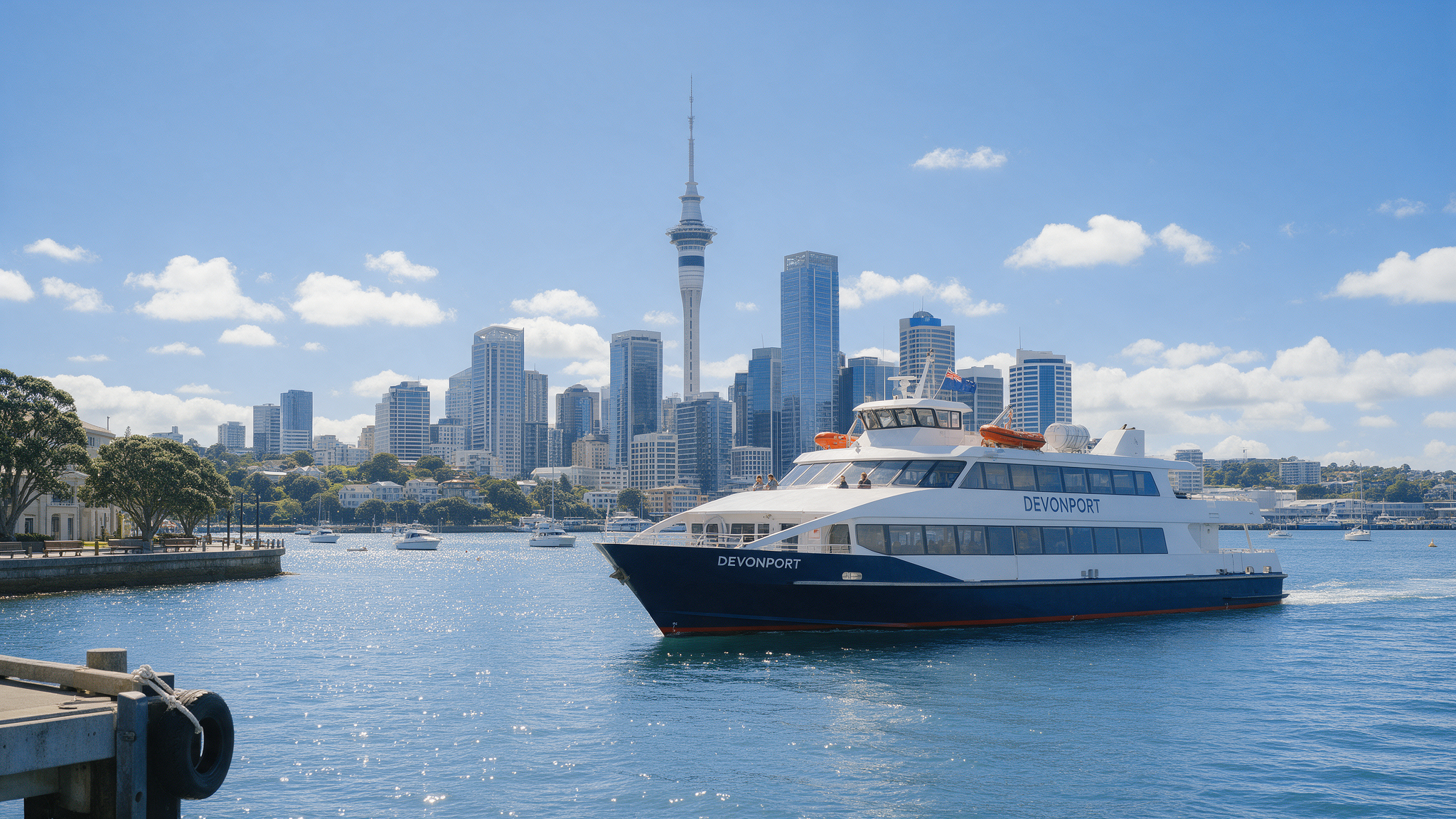 Auckland Sky Tower and harbour skyline viewed from Devonport ferry